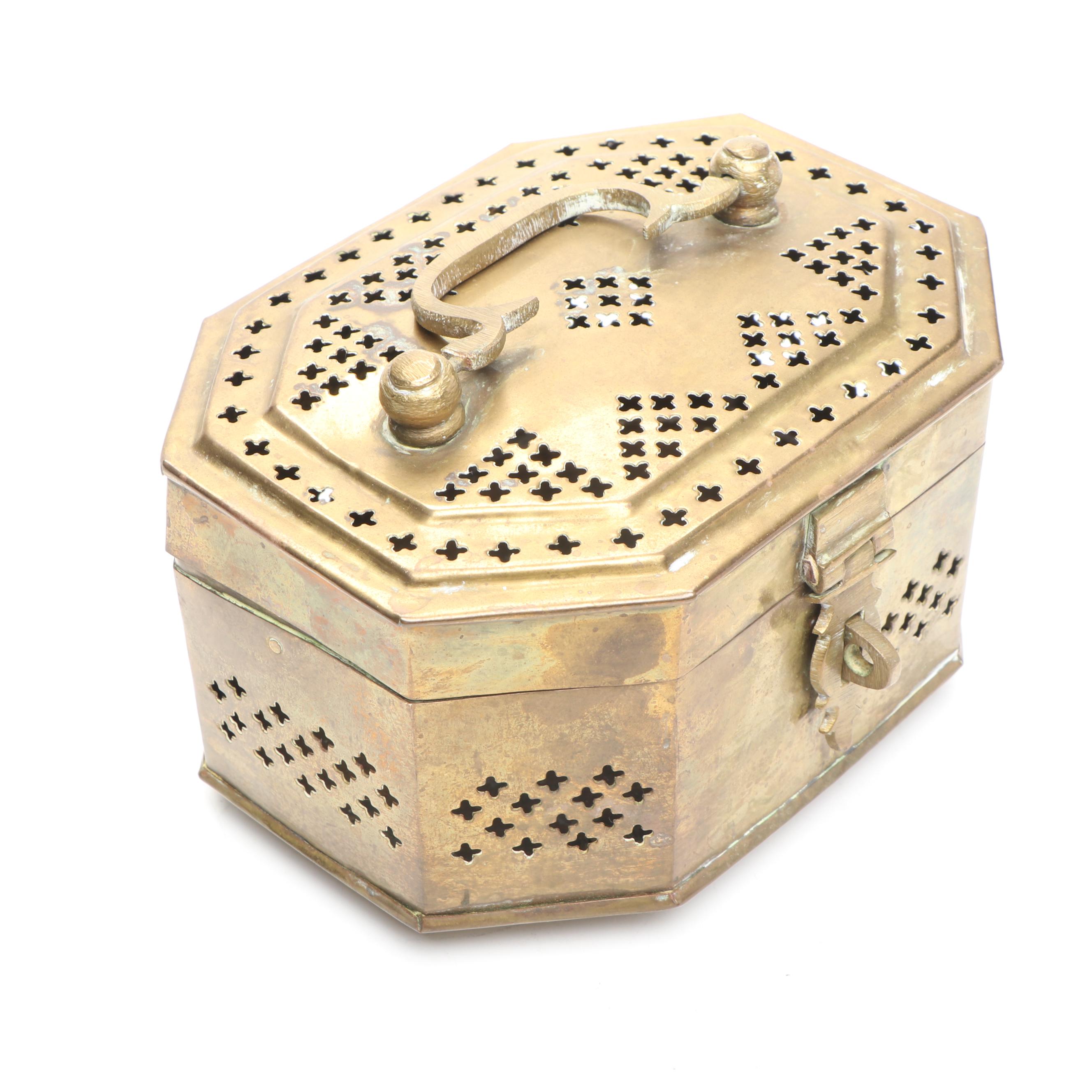 Brass Cricket Box, Repoussé Brass Shelf, and Brass Handled Tray