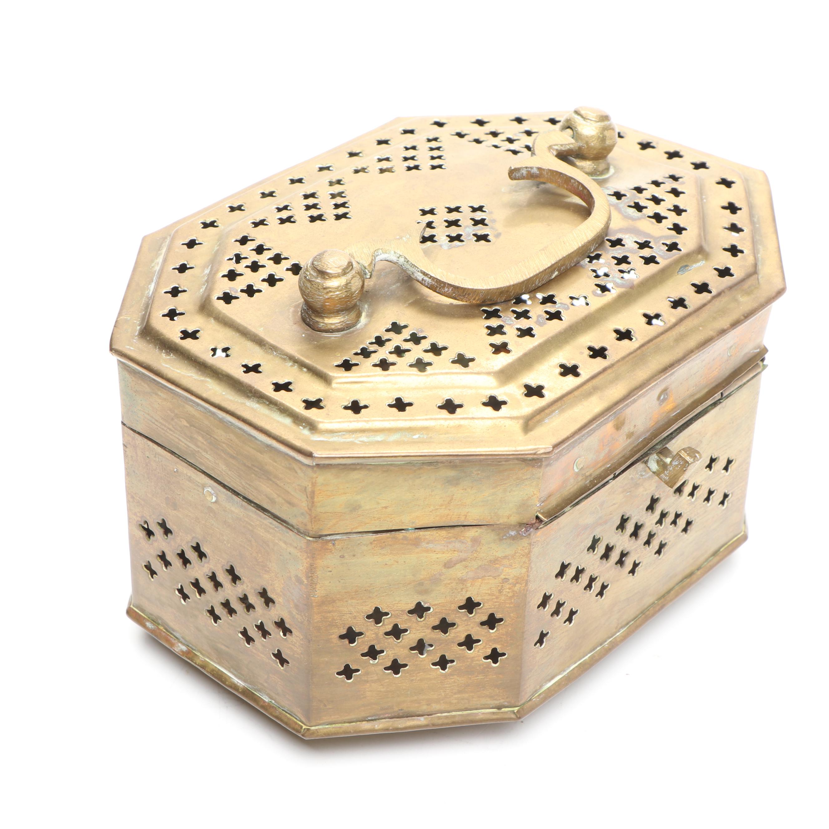 Brass Cricket Box, Repoussé Brass Shelf, and Brass Handled Tray