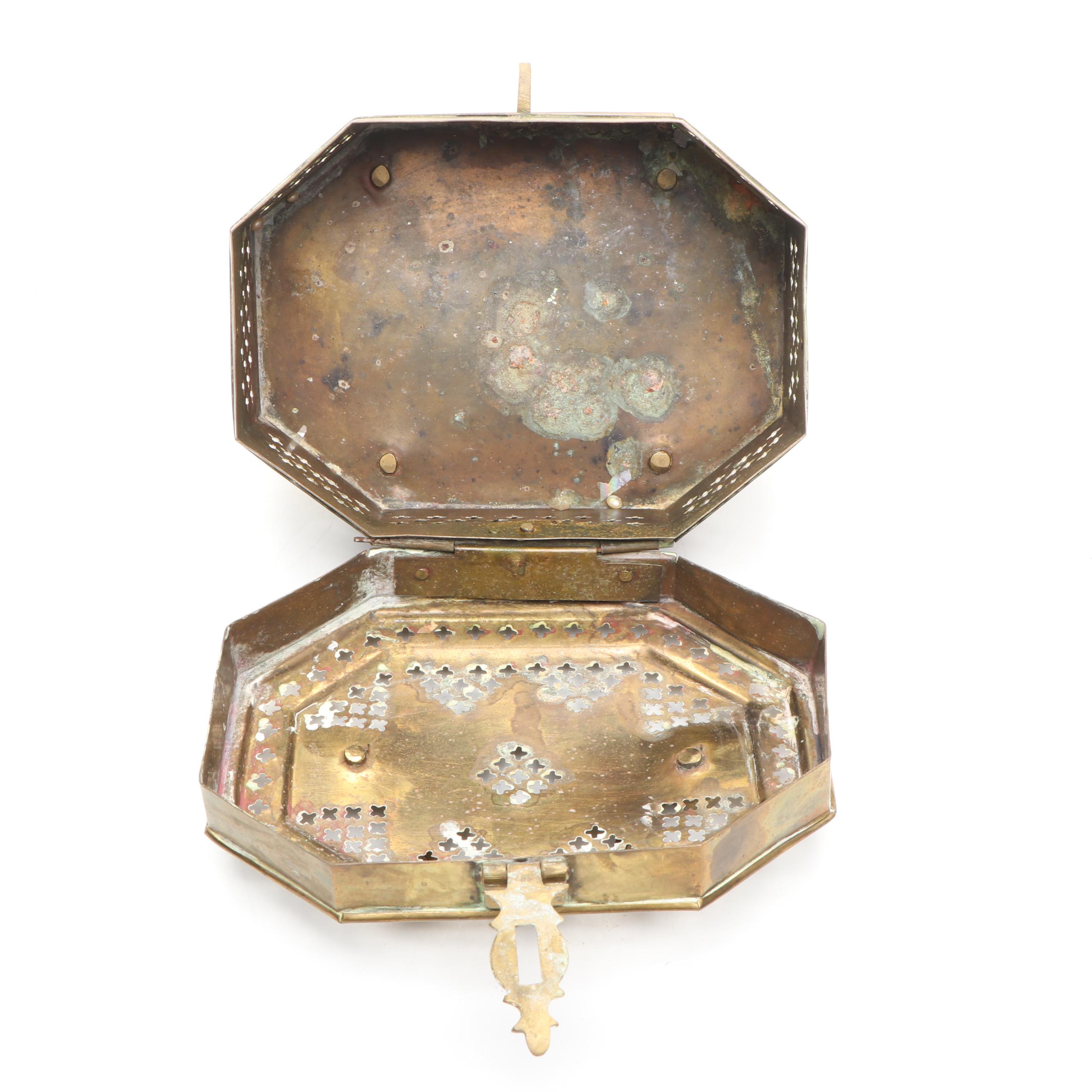 Brass Cricket Box, Repoussé Brass Shelf, and Brass Handled Tray