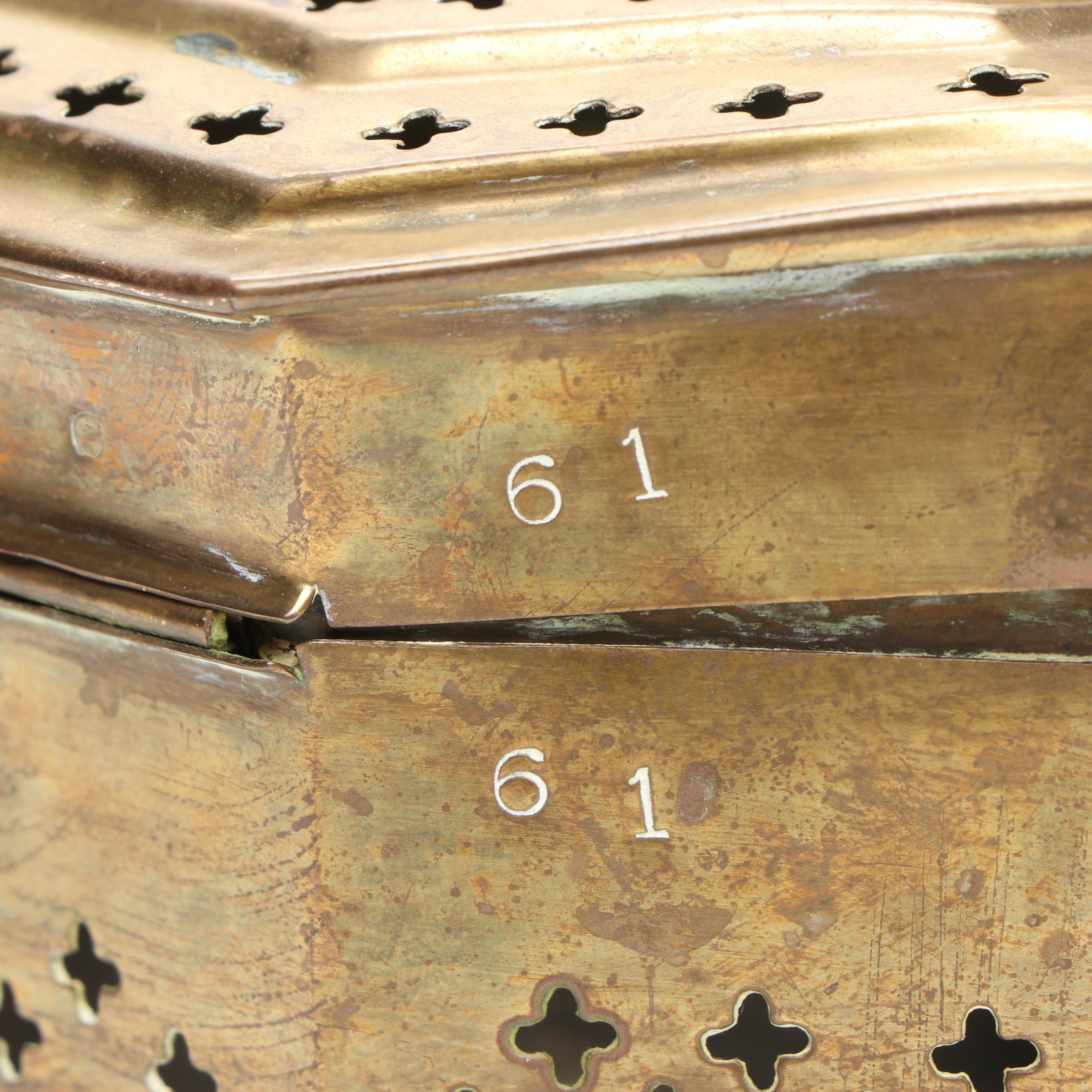 Brass Cricket Box, Repoussé Brass Shelf, and Brass Handled Tray