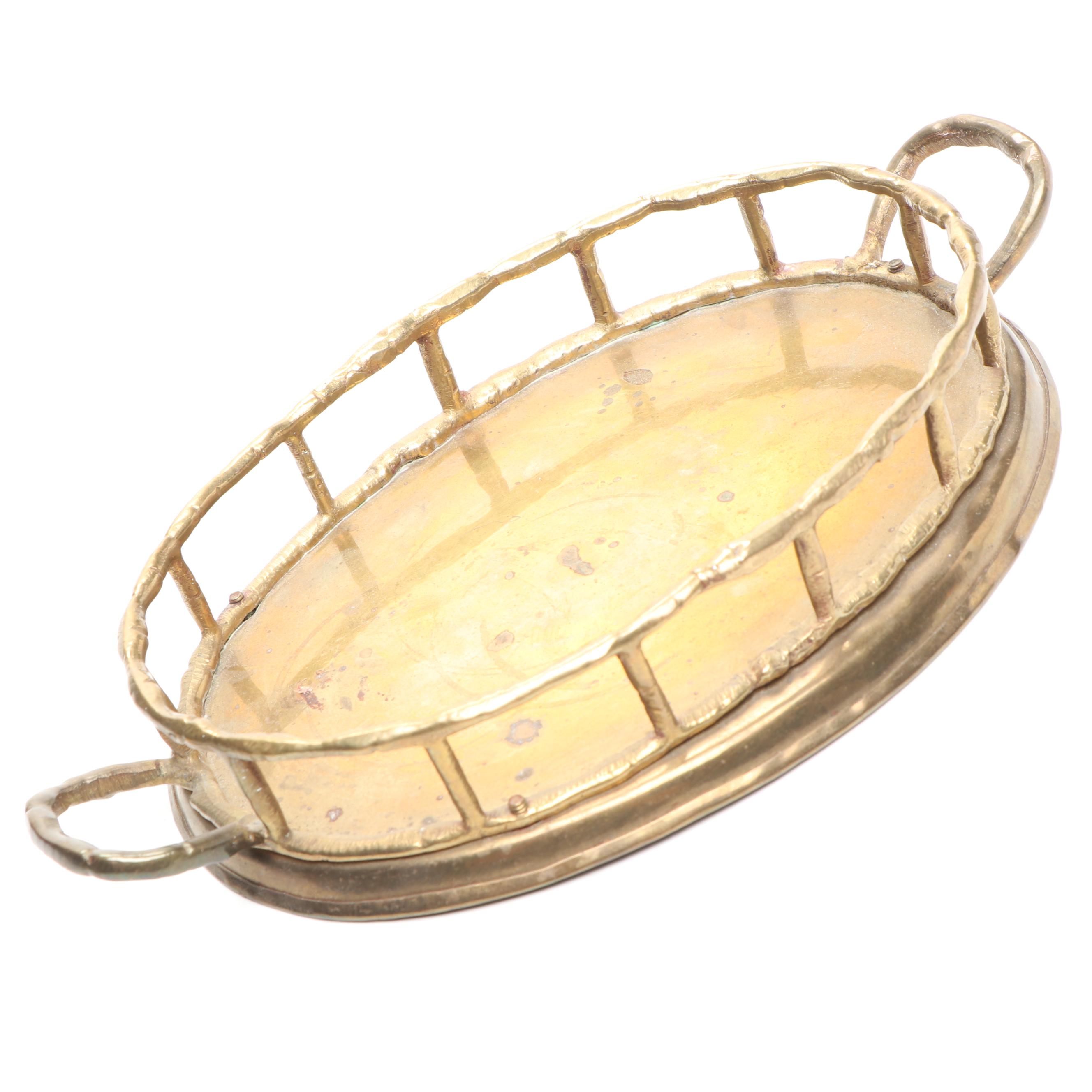 Brass Cricket Box, Repoussé Brass Shelf, and Brass Handled Tray