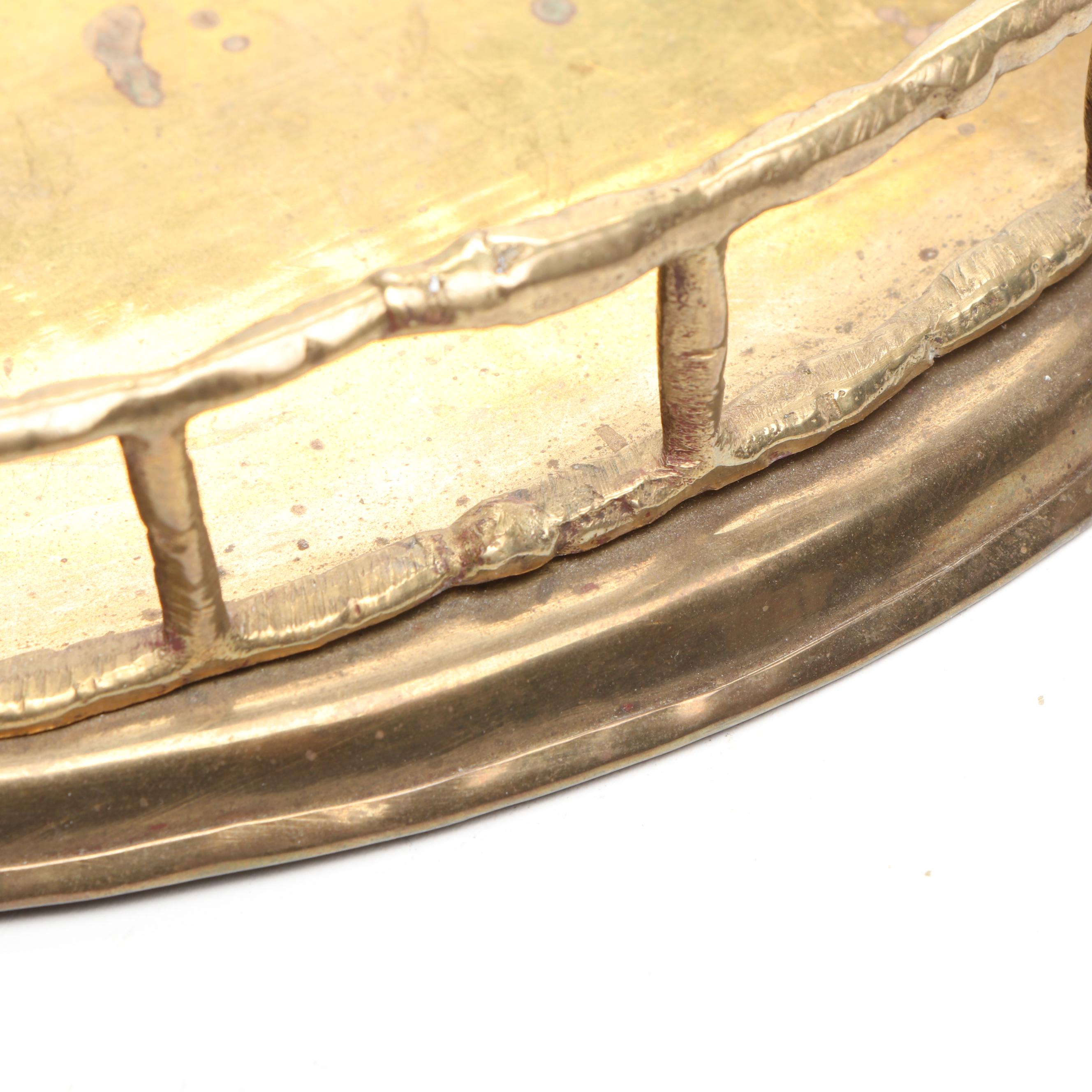 Brass Cricket Box, Repoussé Brass Shelf, and Brass Handled Tray