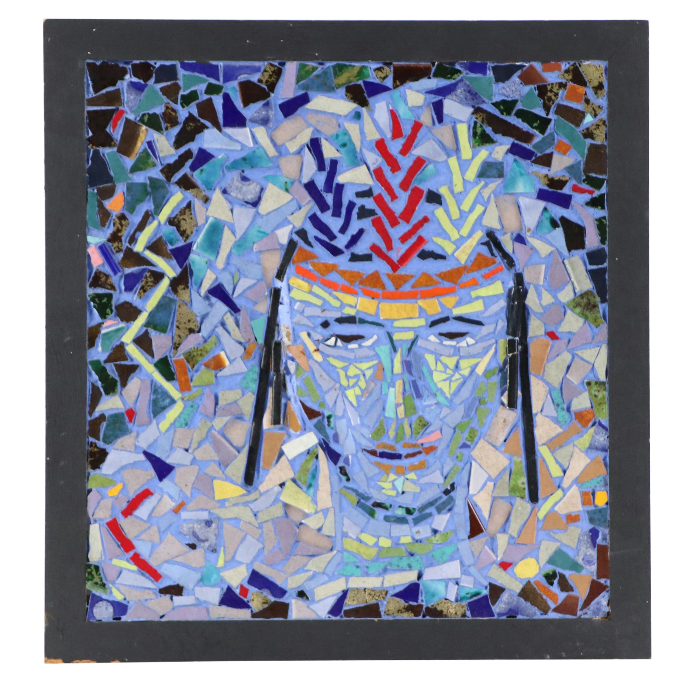 Mosaic Portrait in Blue Grout of Man with Headdress
