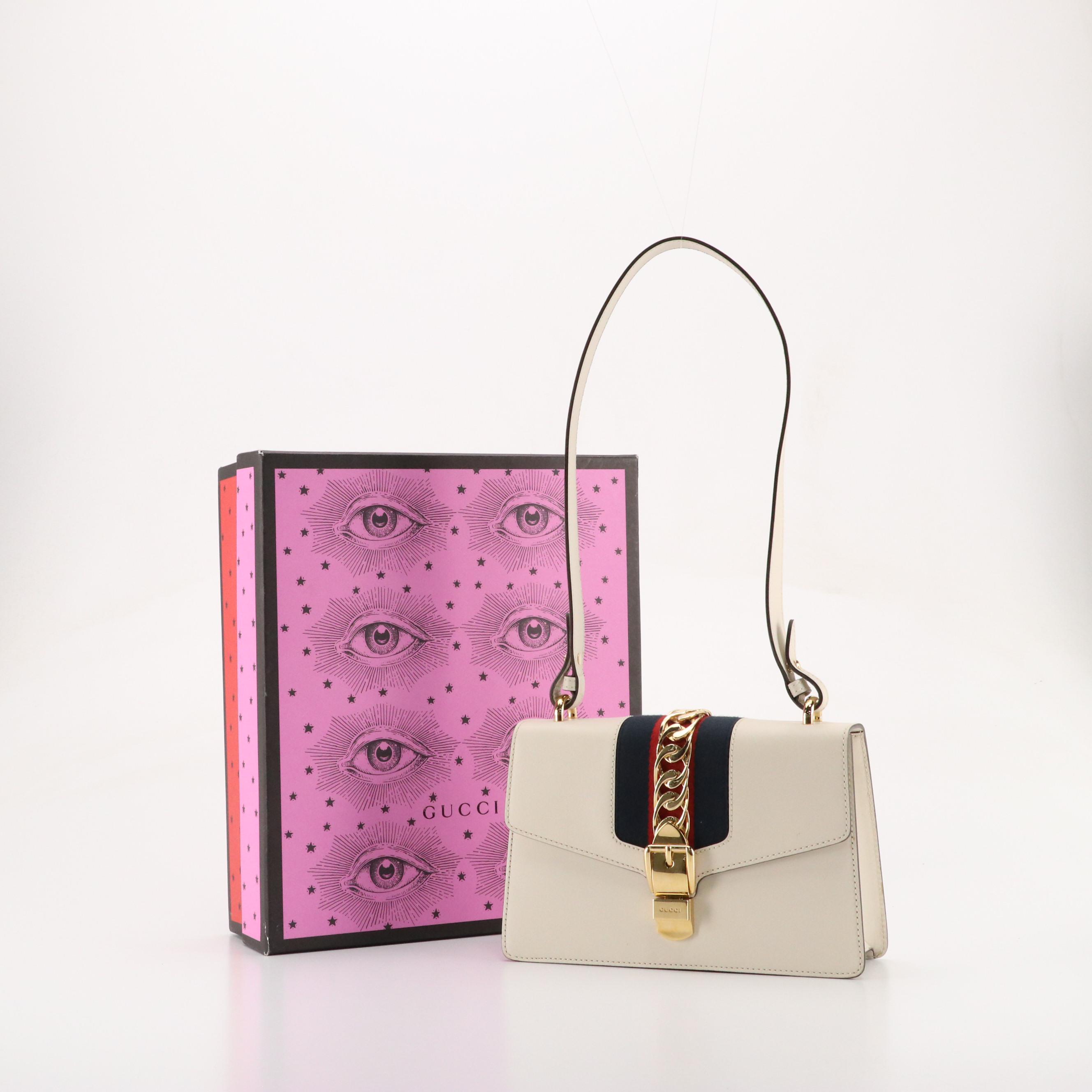 Gucci Medium Sylvie Shoulder Bag in Web Striped White Calfskin Leather, With Box