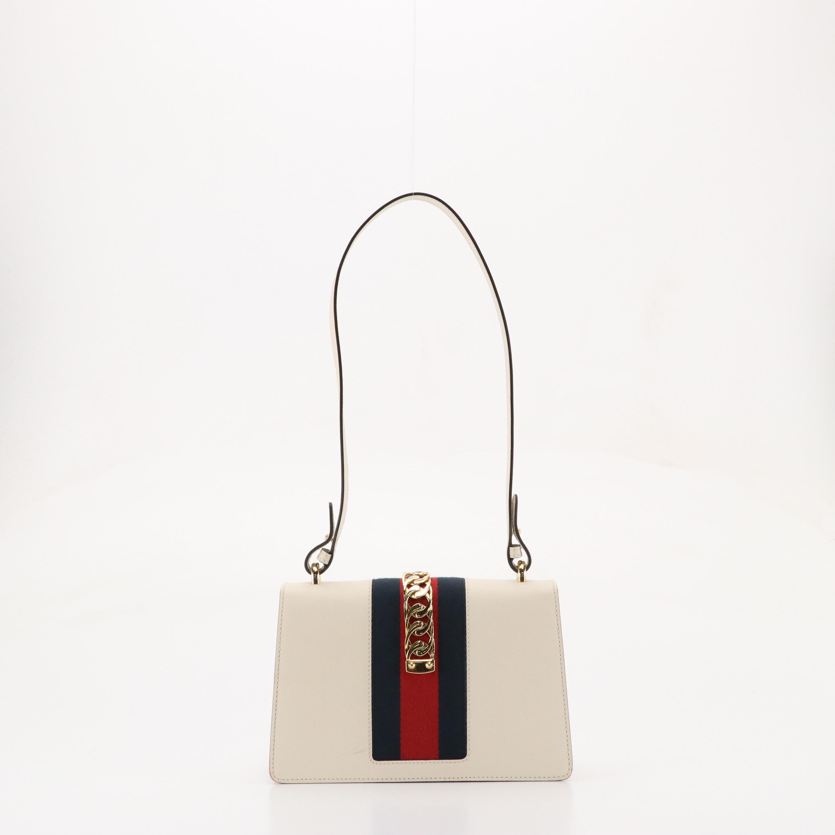 Gucci Medium Sylvie Shoulder Bag in Web Striped White Calfskin Leather, With Box