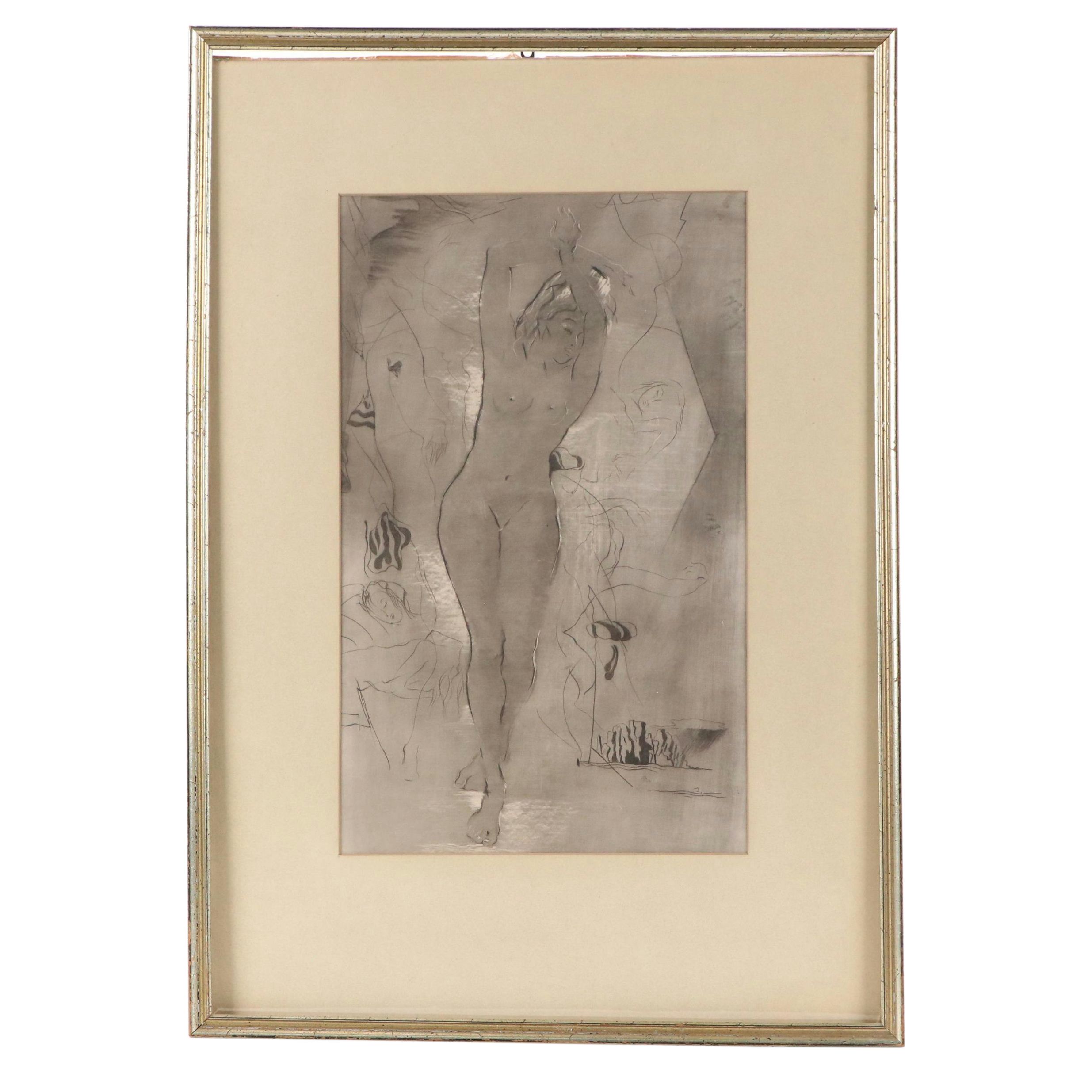Julian Ritter Silverpoint Drawing "Standing Nude," Mid-20th Century