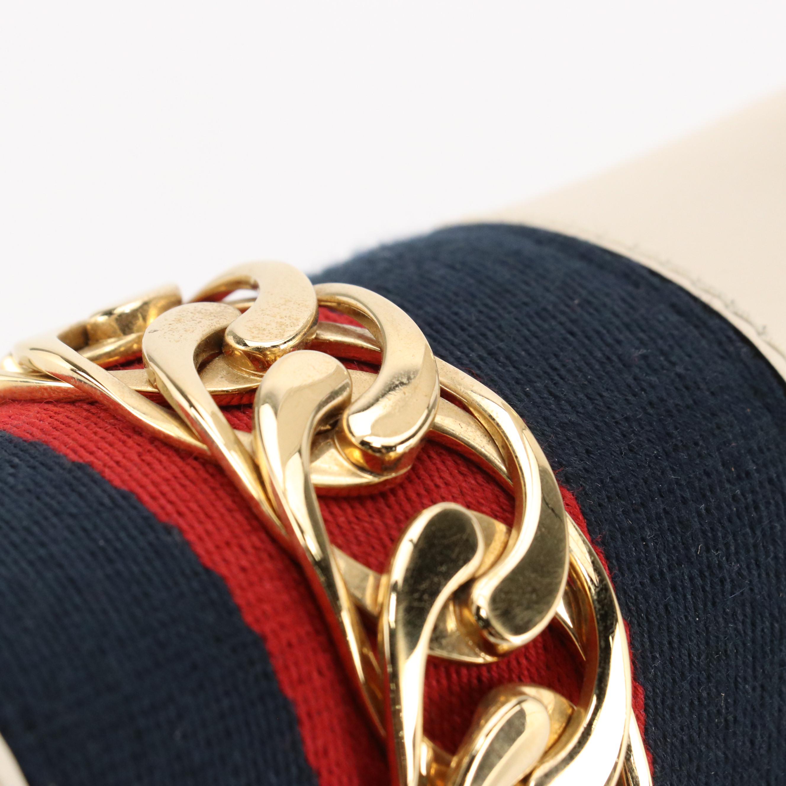 Gucci Medium Sylvie Shoulder Bag in Web Striped White Calfskin Leather, With Box