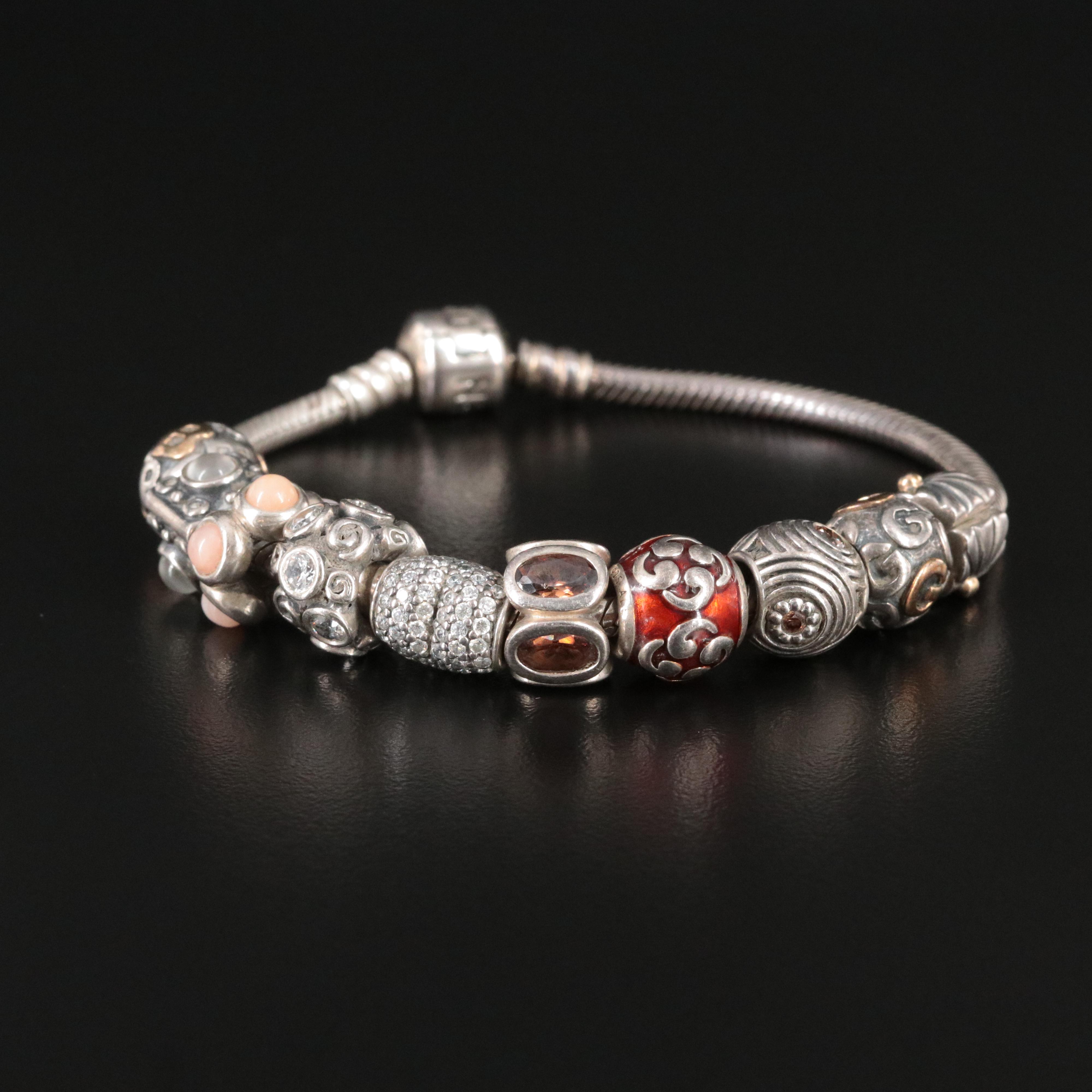 Pandora Sterling Bracelet with Cubic Zirconia and Glass Charms