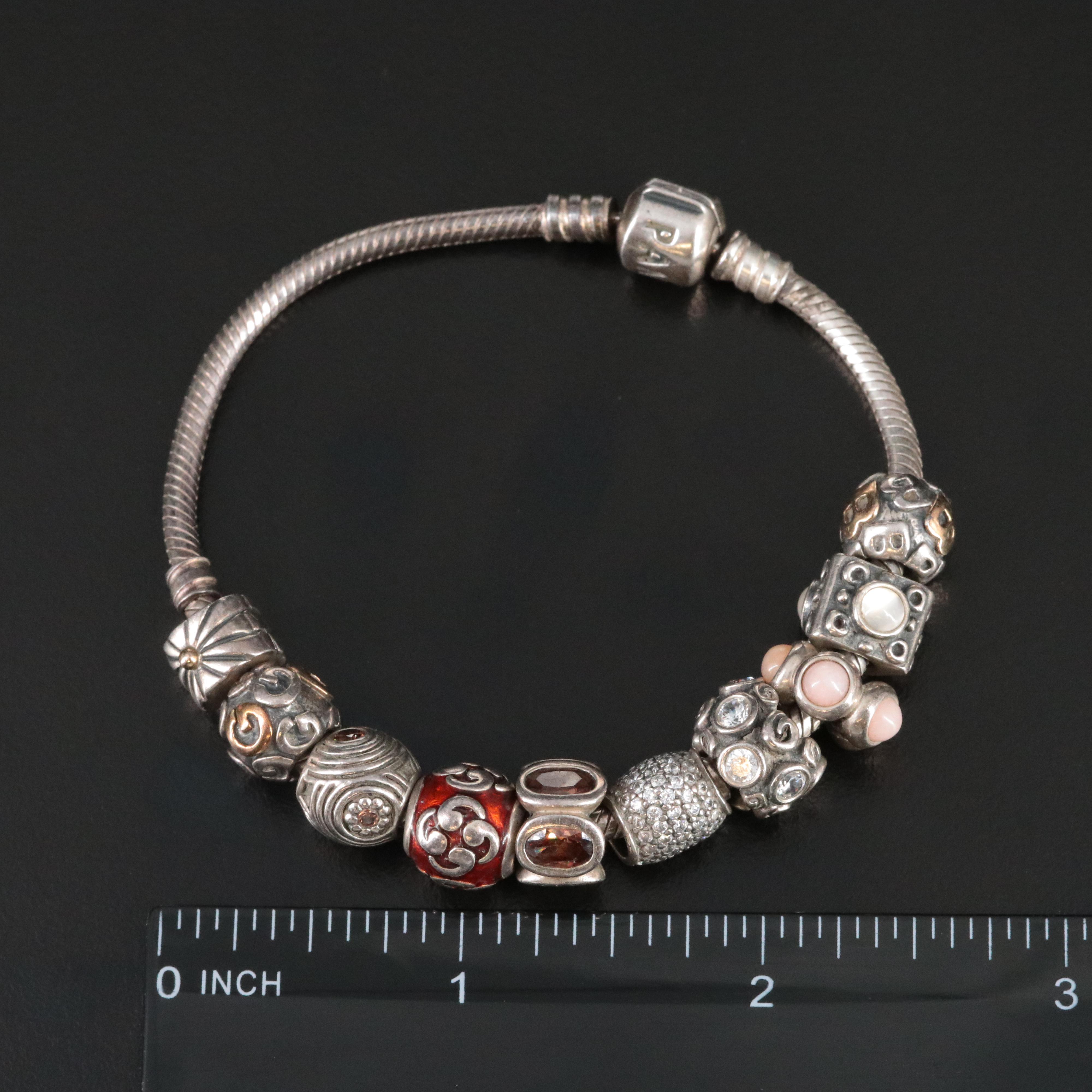 Pandora Sterling Bracelet with Cubic Zirconia and Glass Charms