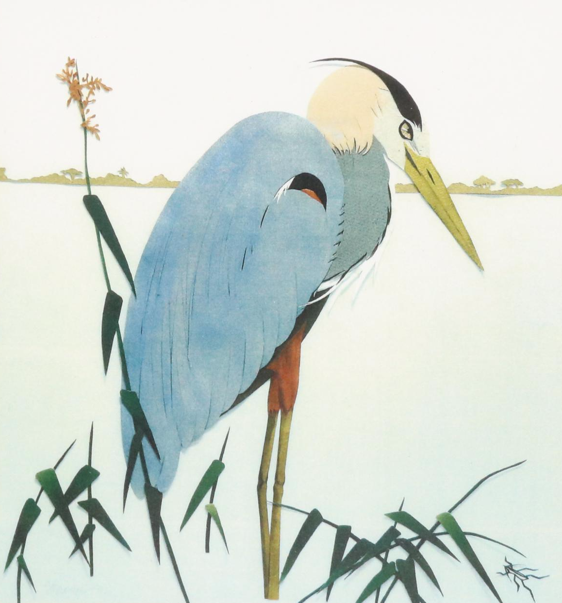 Offset Lithograph of East Asian Style Blue Heron and Grasshopper
