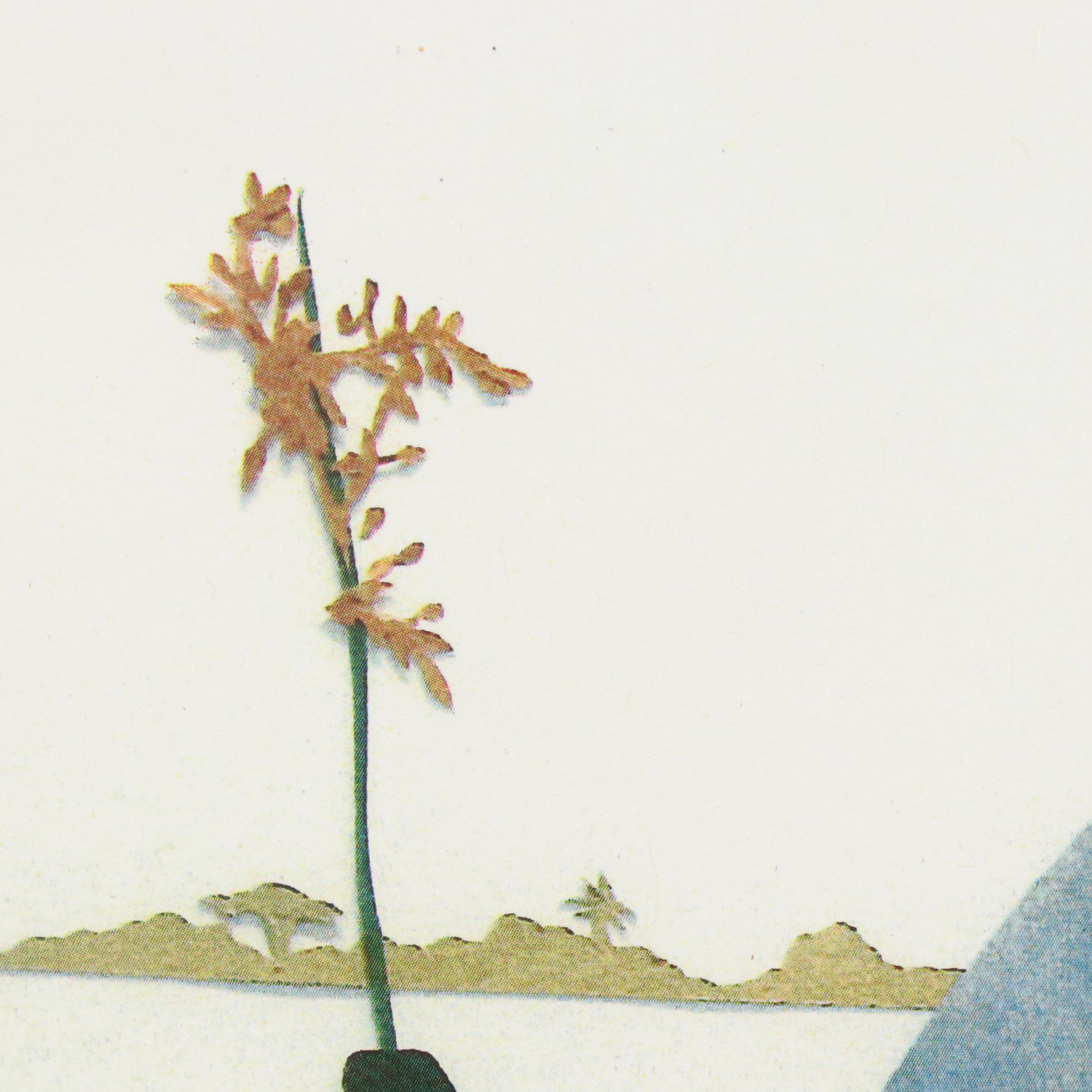 Offset Lithograph of East Asian Style Blue Heron and Grasshopper