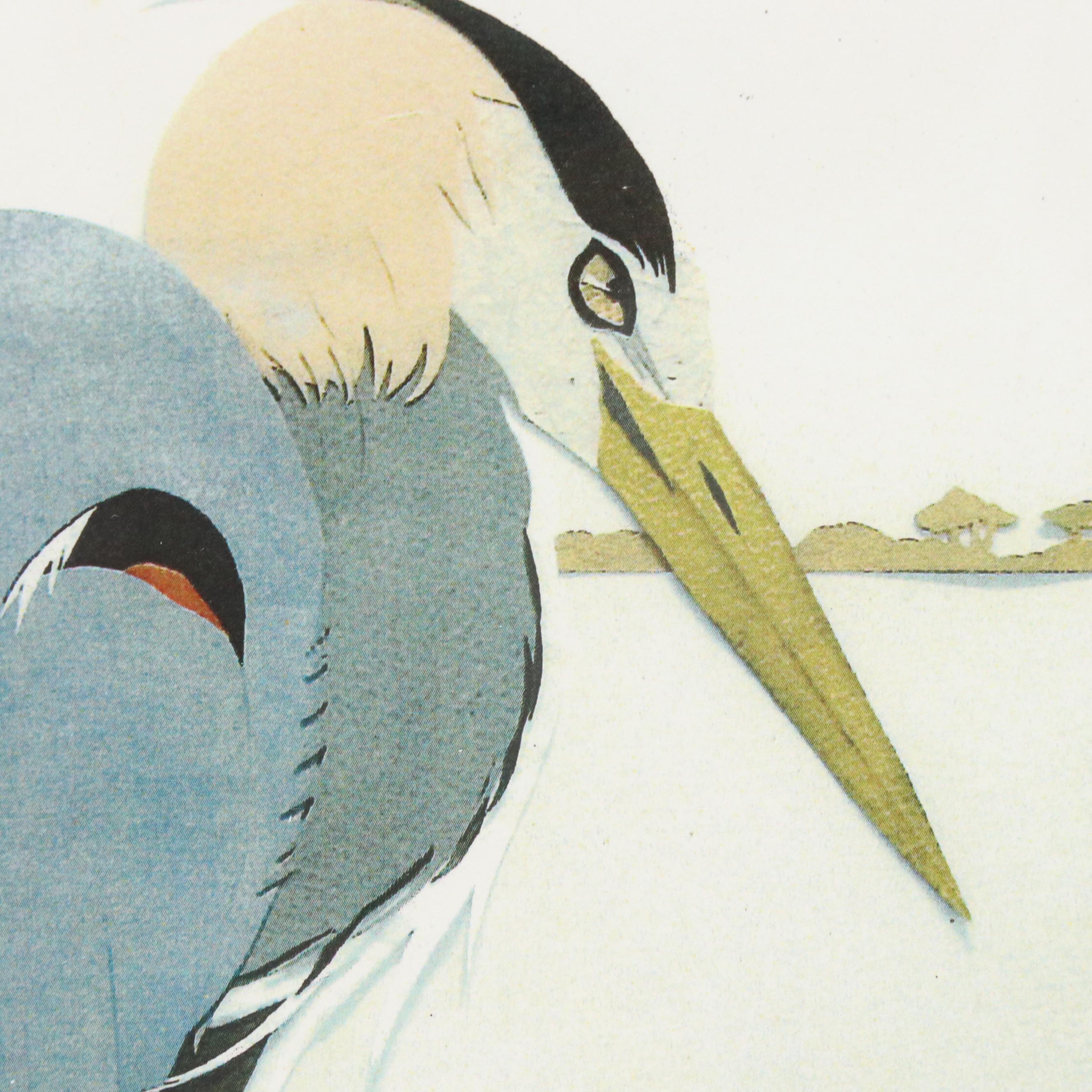 Offset Lithograph of East Asian Style Blue Heron and Grasshopper