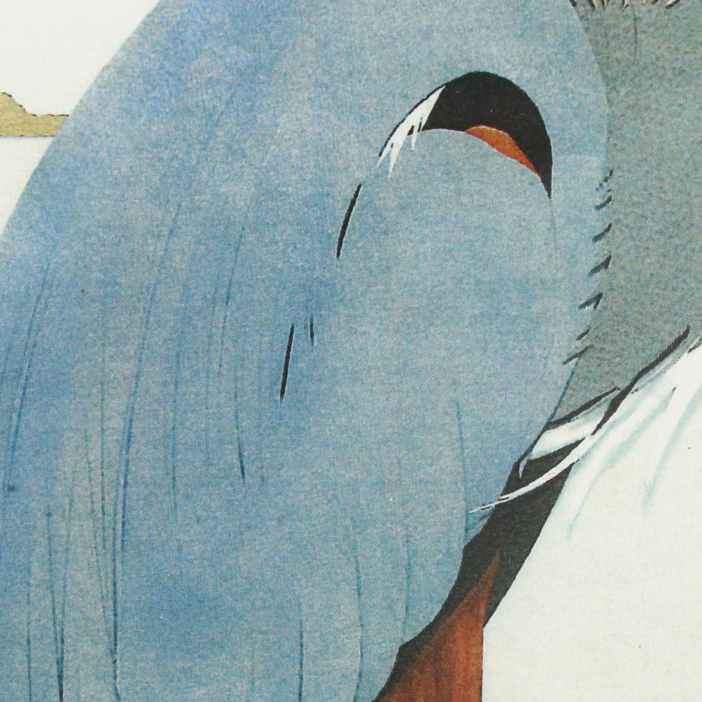 Offset Lithograph of East Asian Style Blue Heron and Grasshopper