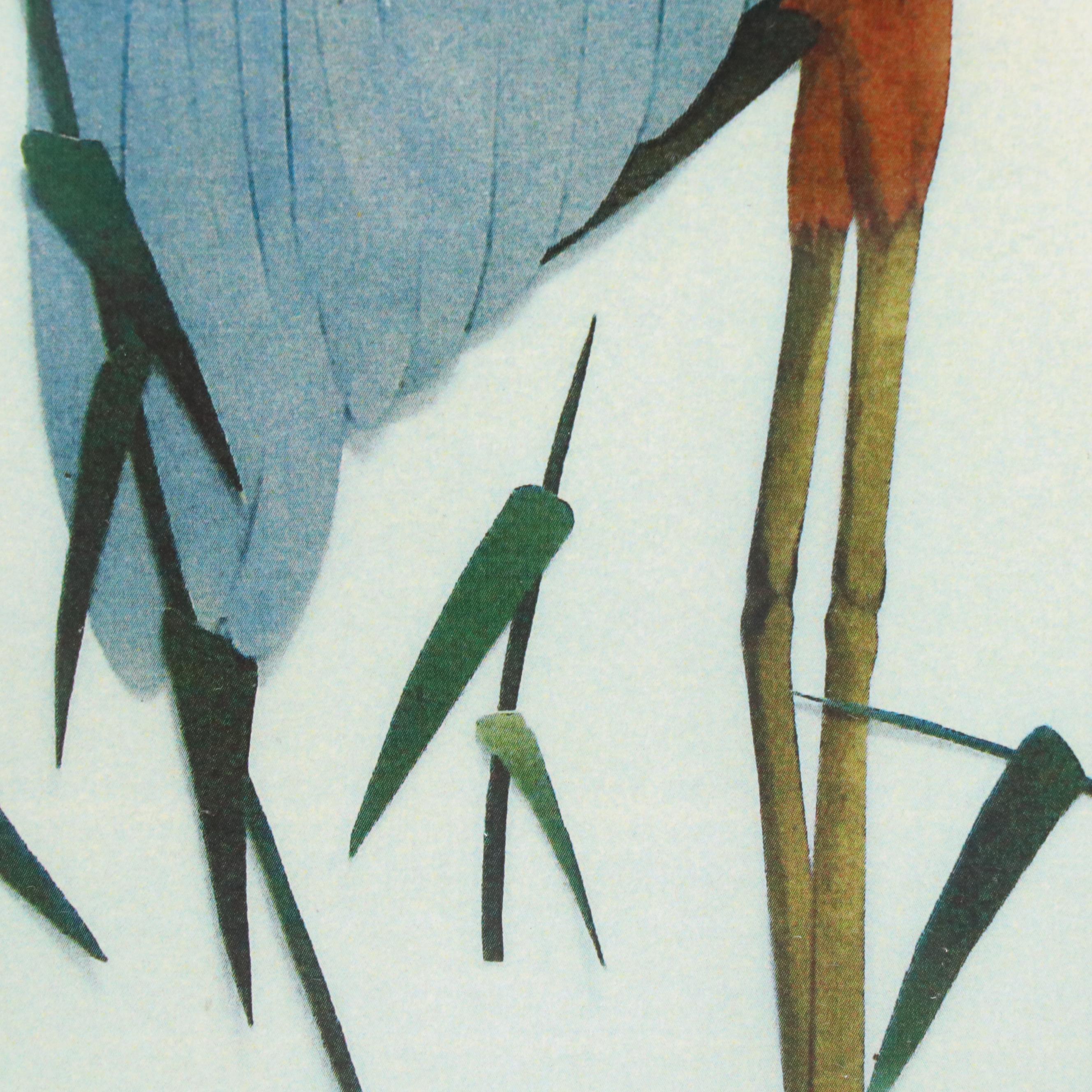 Offset Lithograph of East Asian Style Blue Heron and Grasshopper