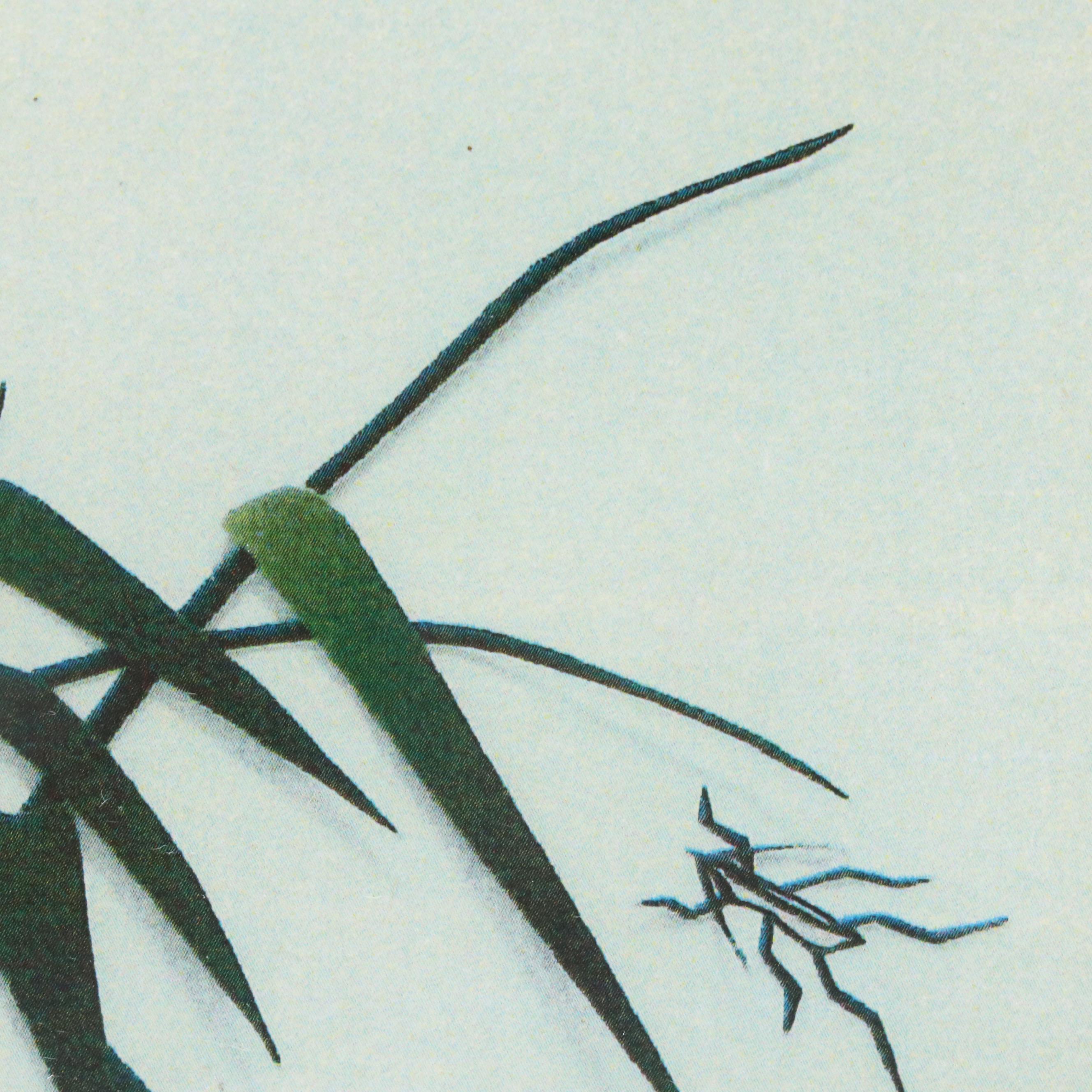 Offset Lithograph of East Asian Style Blue Heron and Grasshopper