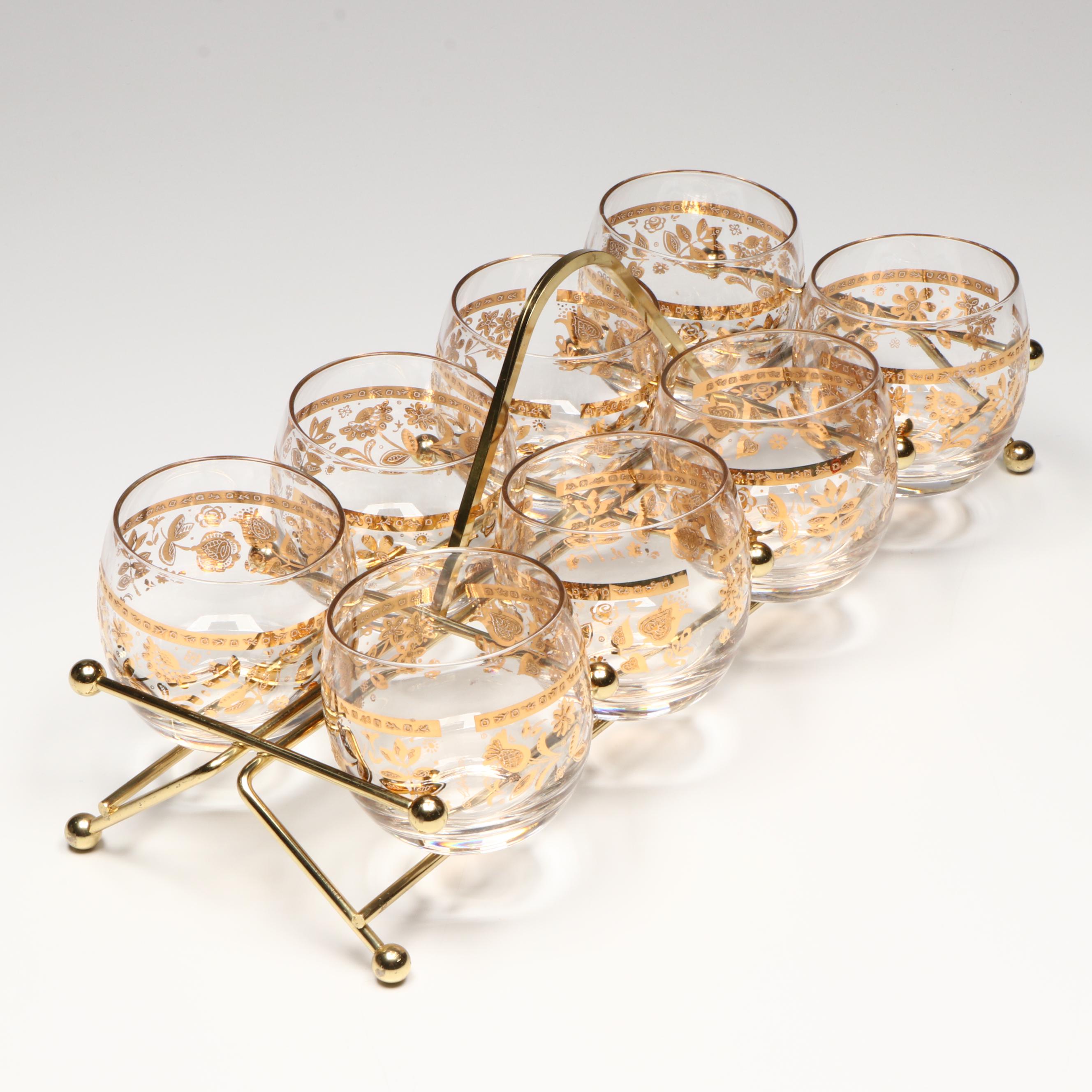 Culver "Chantilly" Roly-Poly Glasses with Carrier, Mid-20th Century