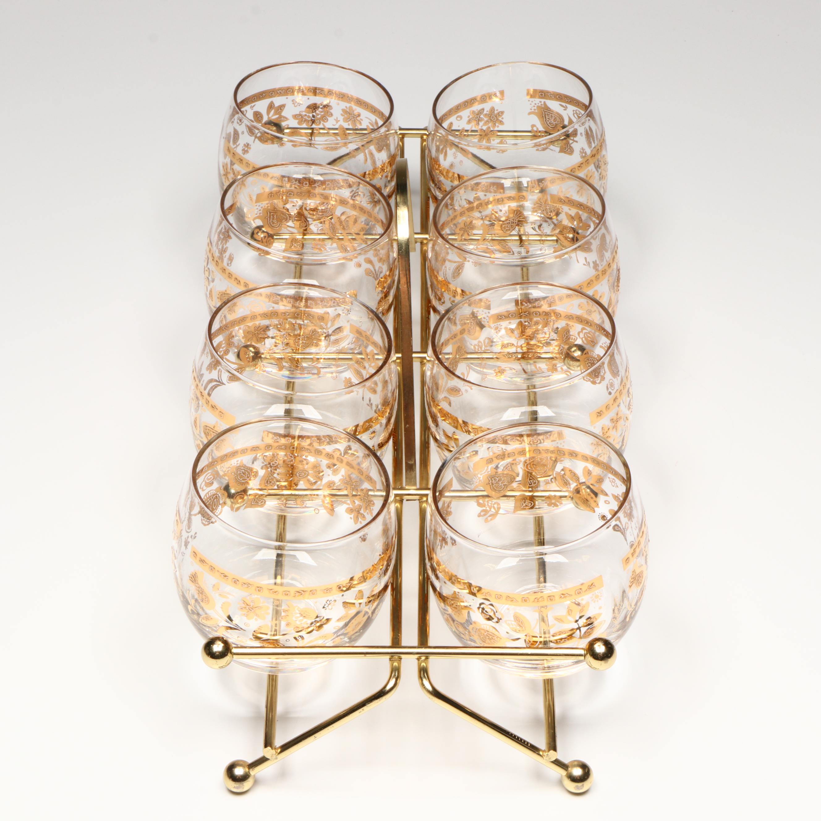 Culver "Chantilly" Roly-Poly Glasses with Carrier, Mid-20th Century