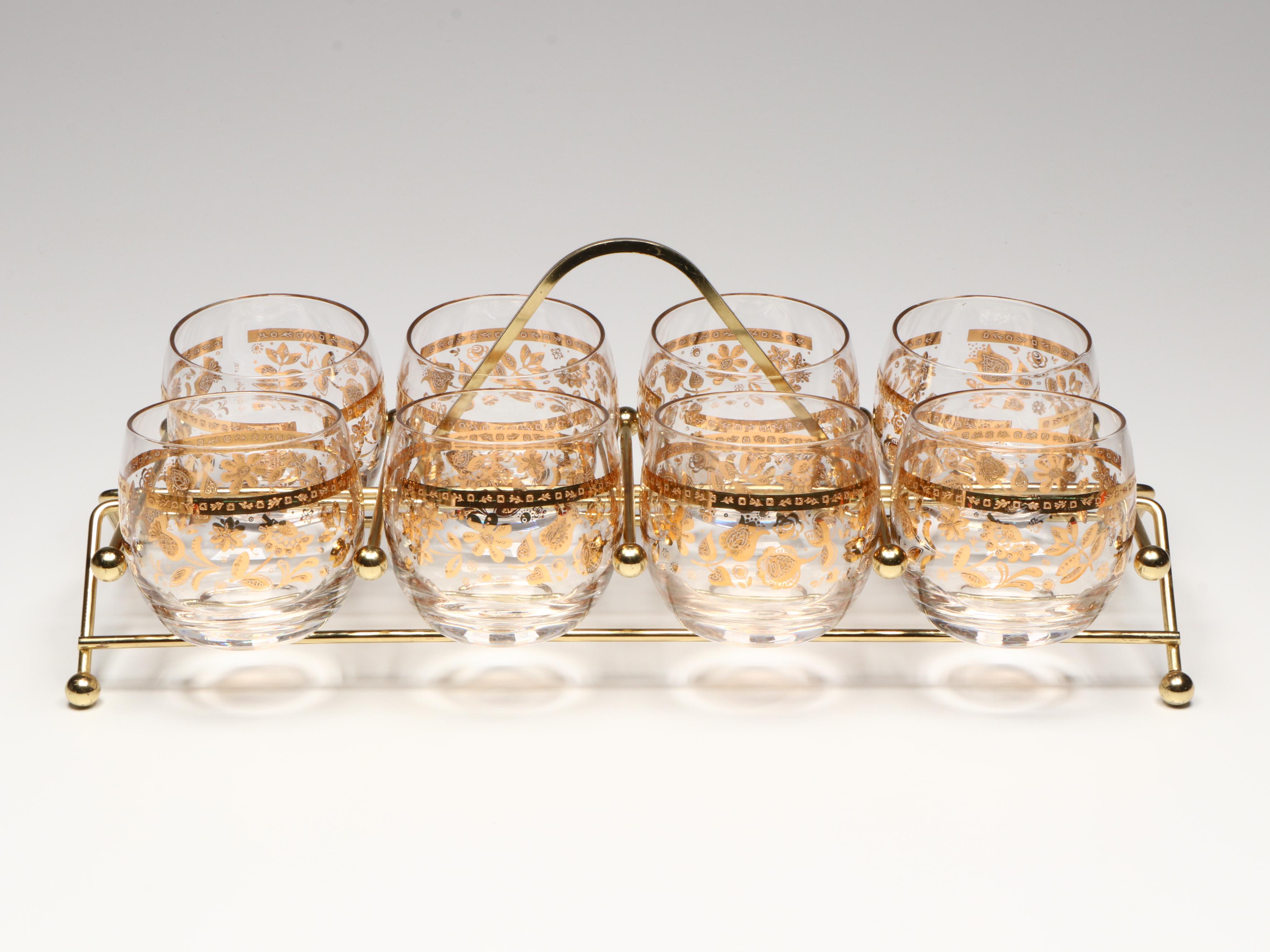 Culver "Chantilly" Roly-Poly Glasses with Carrier, Mid-20th Century