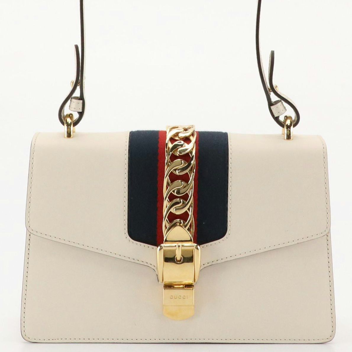 Gucci Medium Sylvie Shoulder Bag in Web Striped White Calfskin Leather, With Box