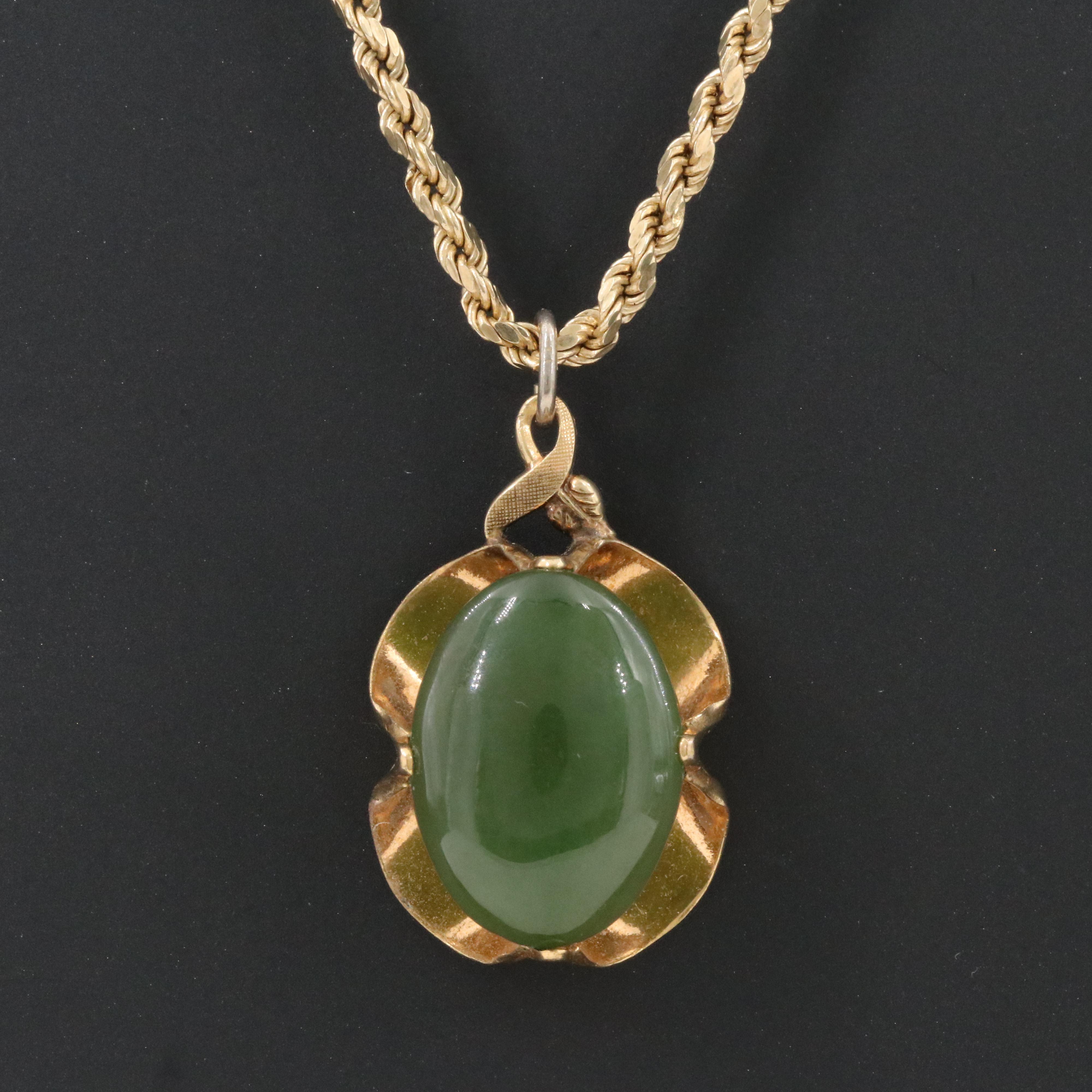 Vintage Nephrite Pendant on 14K Rope Chain Necklace