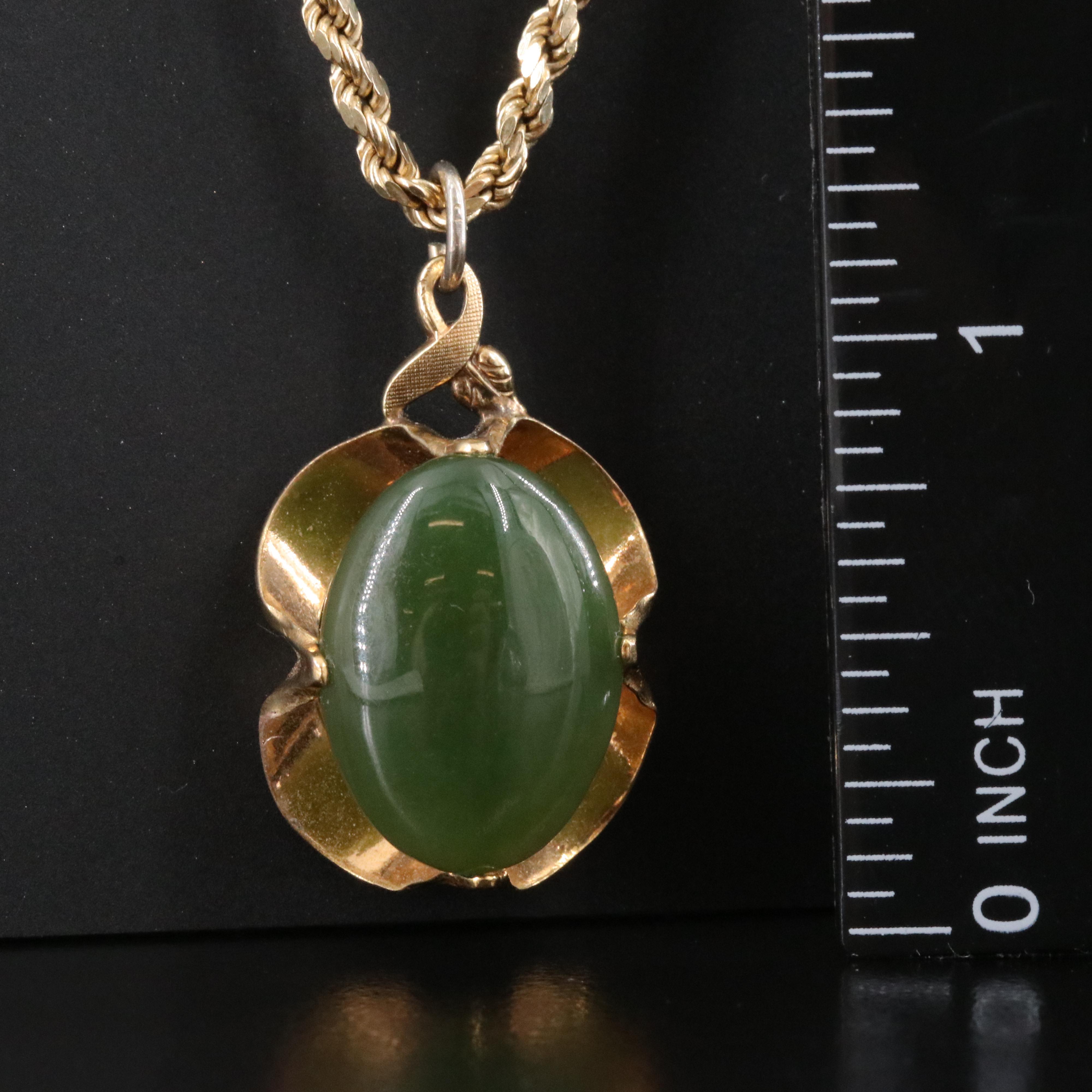Vintage Nephrite Pendant on 14K Rope Chain Necklace