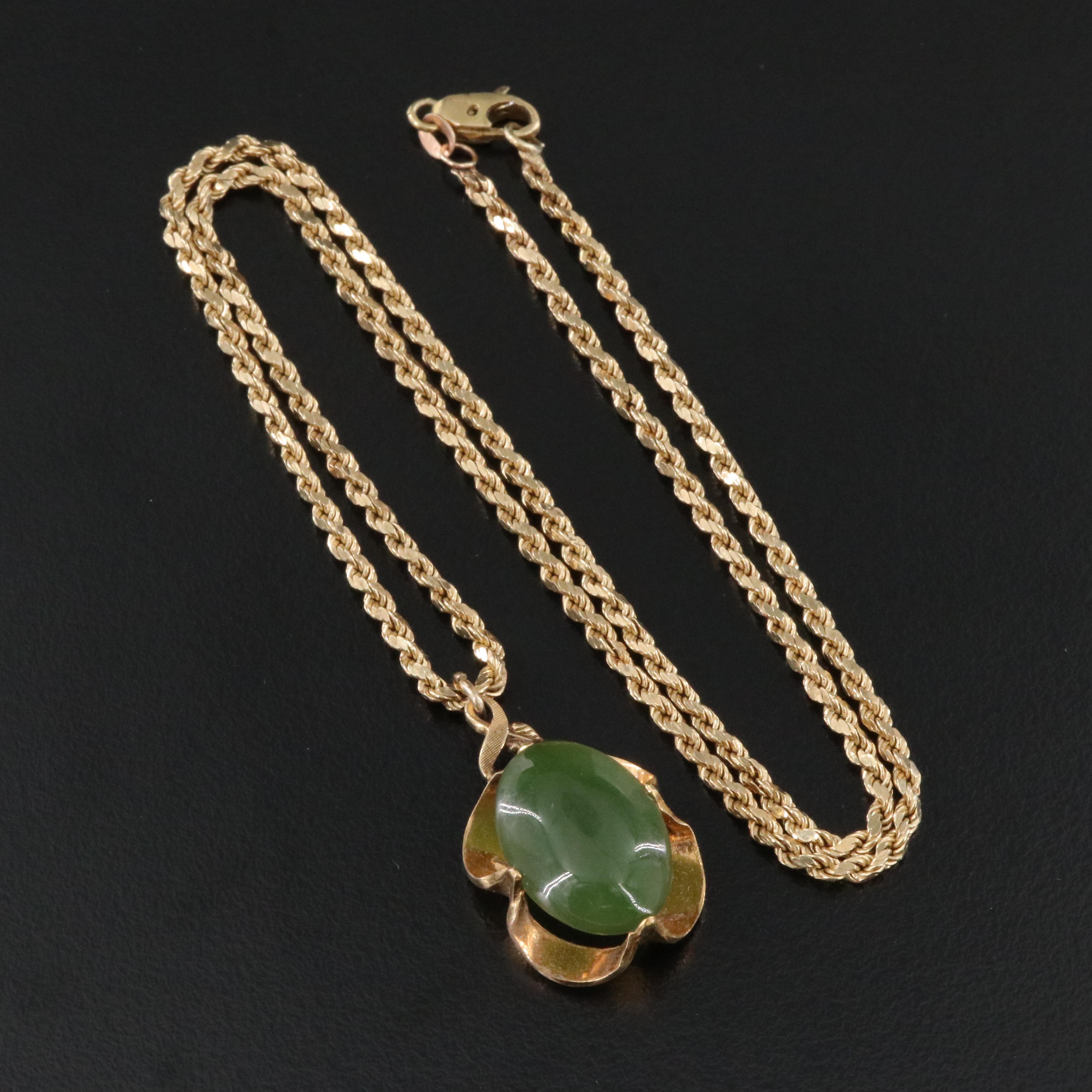 Vintage Nephrite Pendant on 14K Rope Chain Necklace