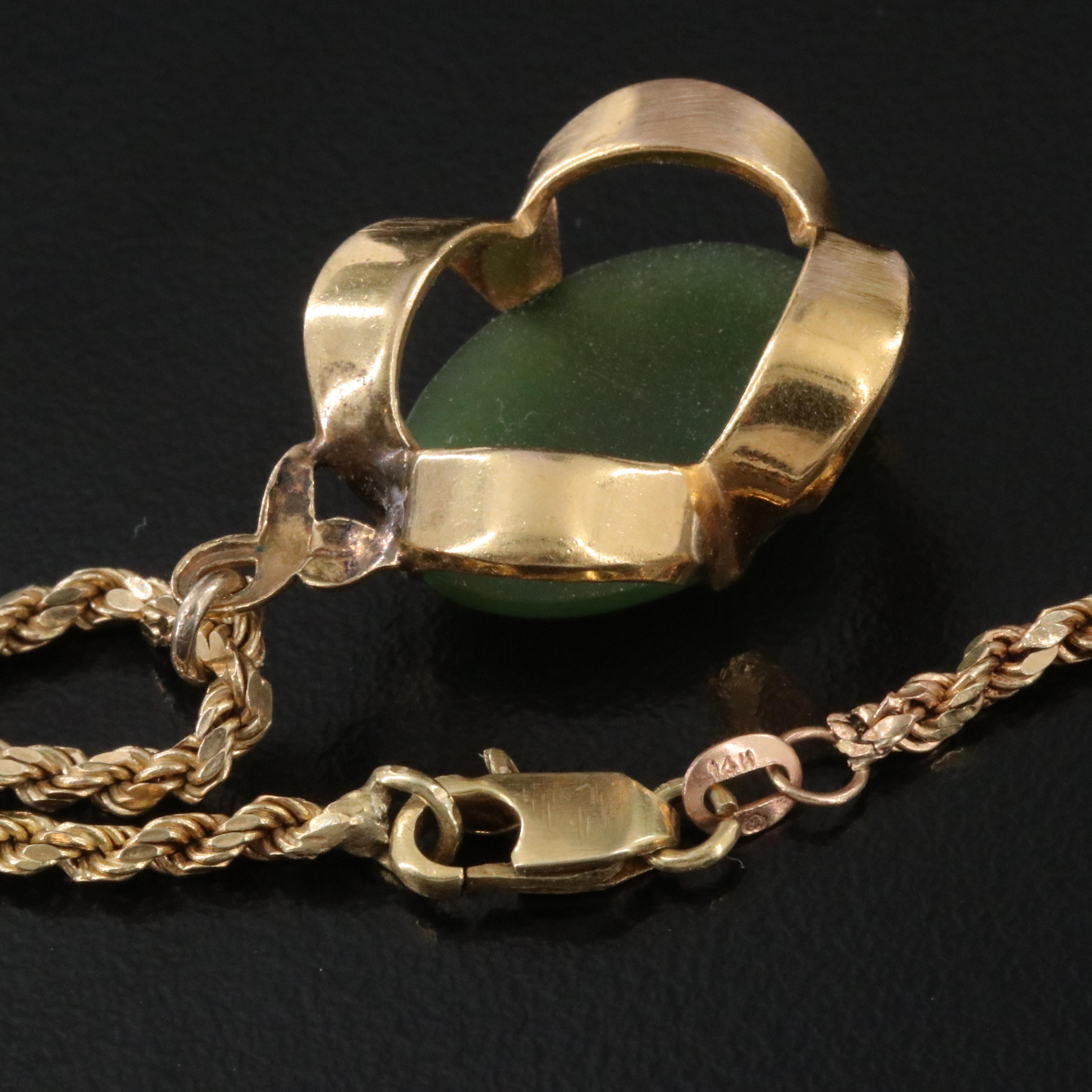 Vintage Nephrite Pendant on 14K Rope Chain Necklace