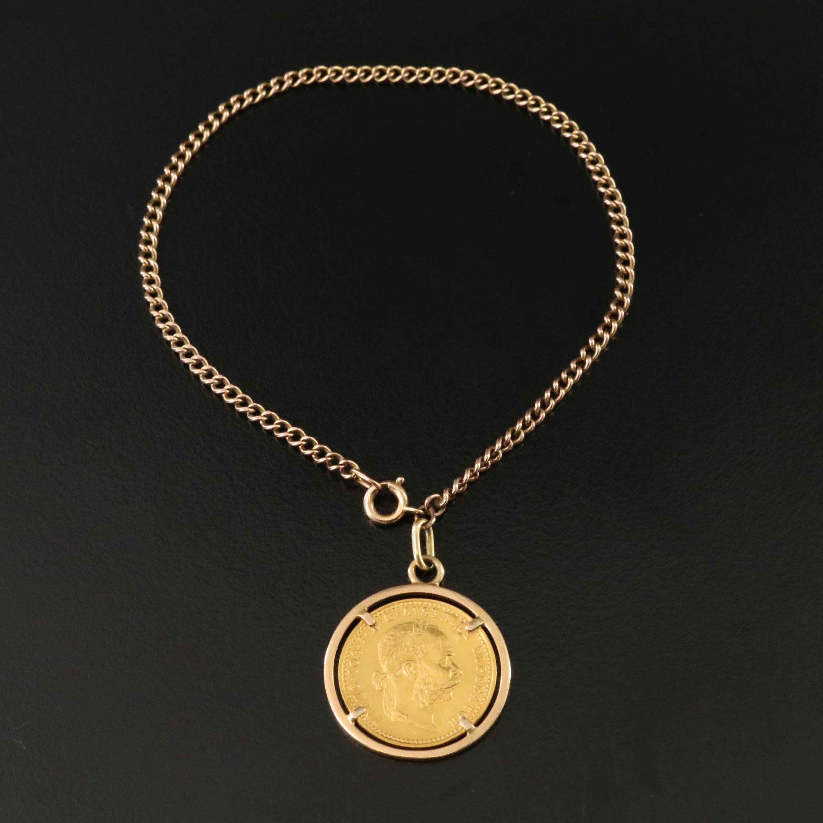 18K Pendant with 1915 1-Ducat Austrian Gold Coin on Bracelet