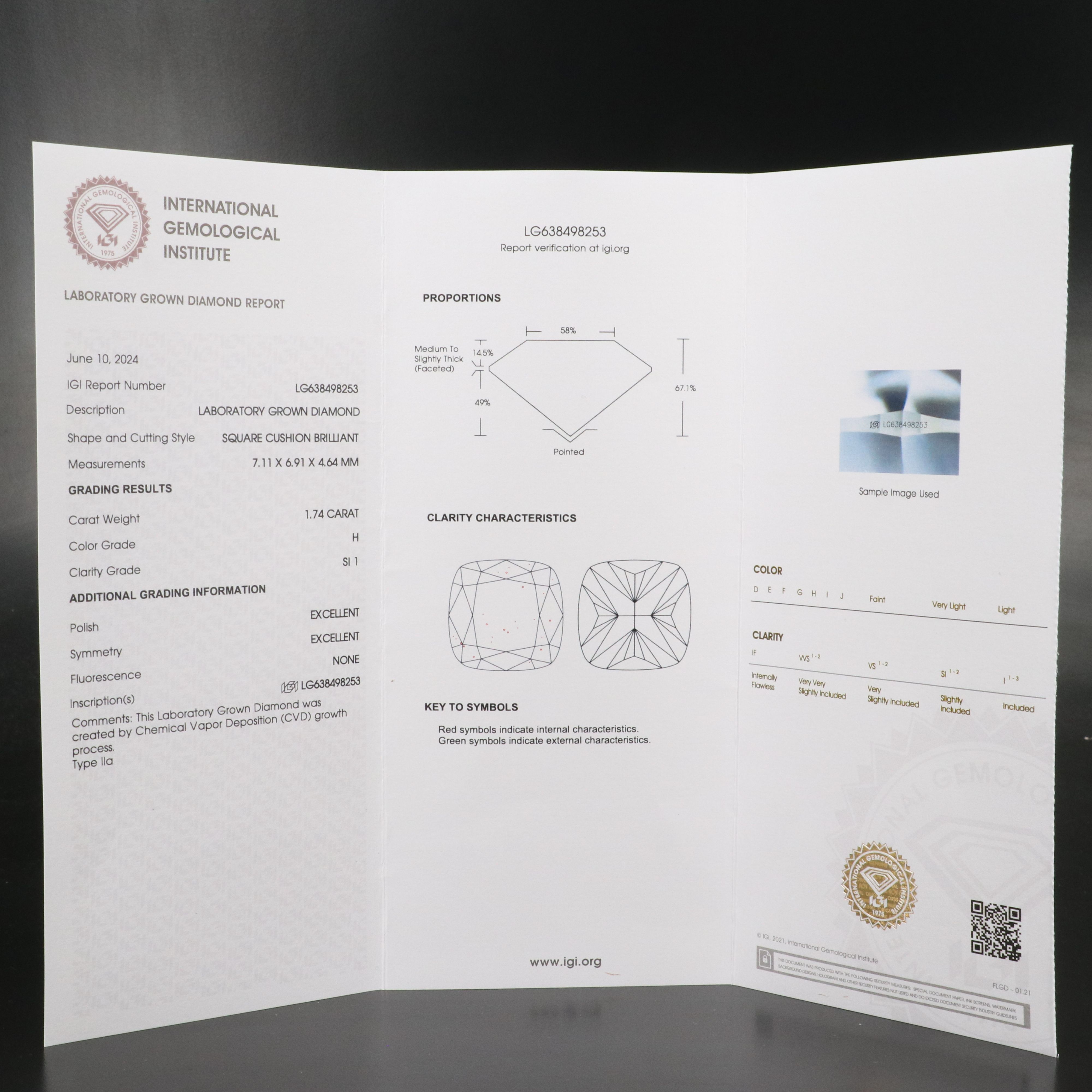Loose 1.74 CT Lab Grown Diamond with IGI Report