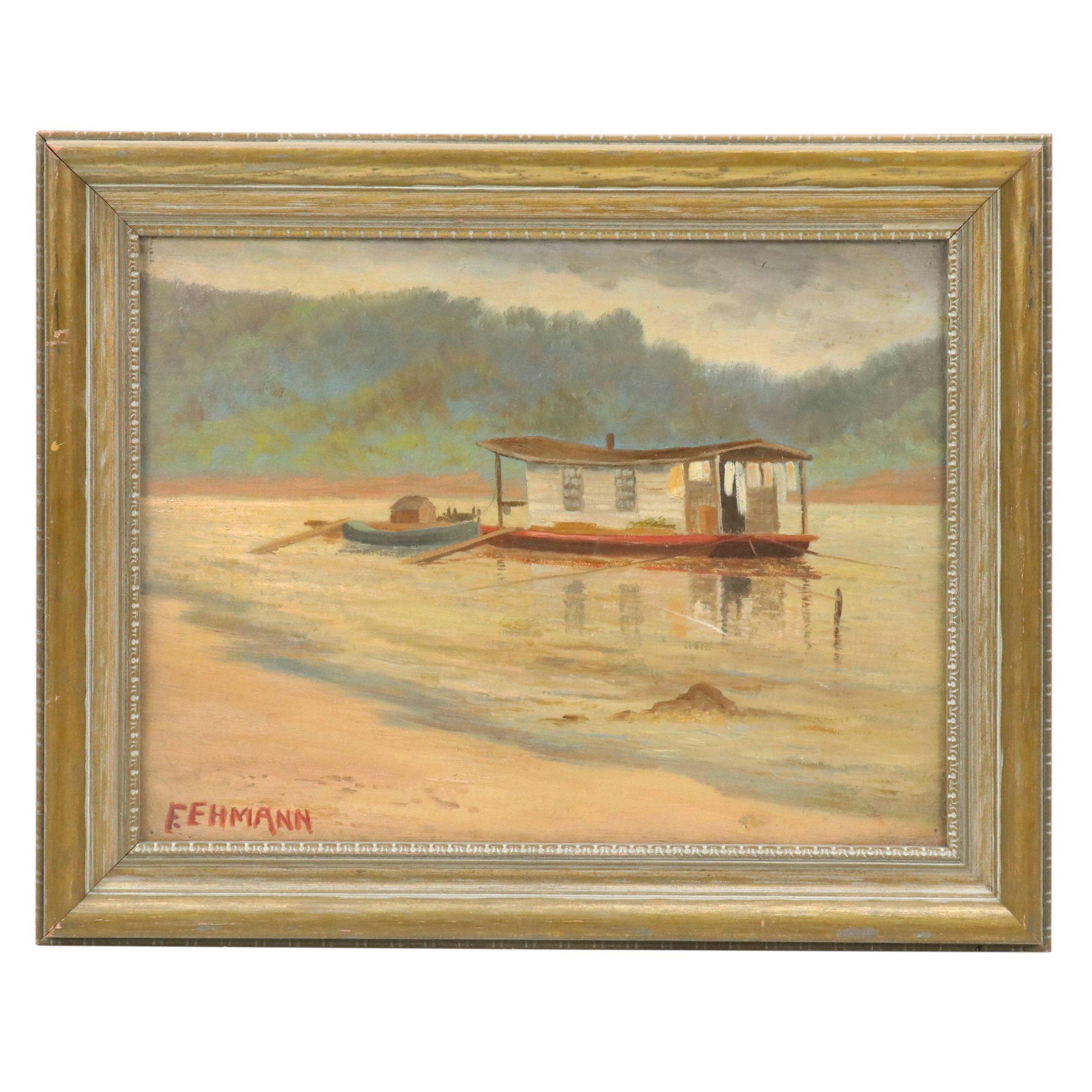 Fred Ehmann Oil Painting Depicting River Scene With Flatboat, Early 20th Century