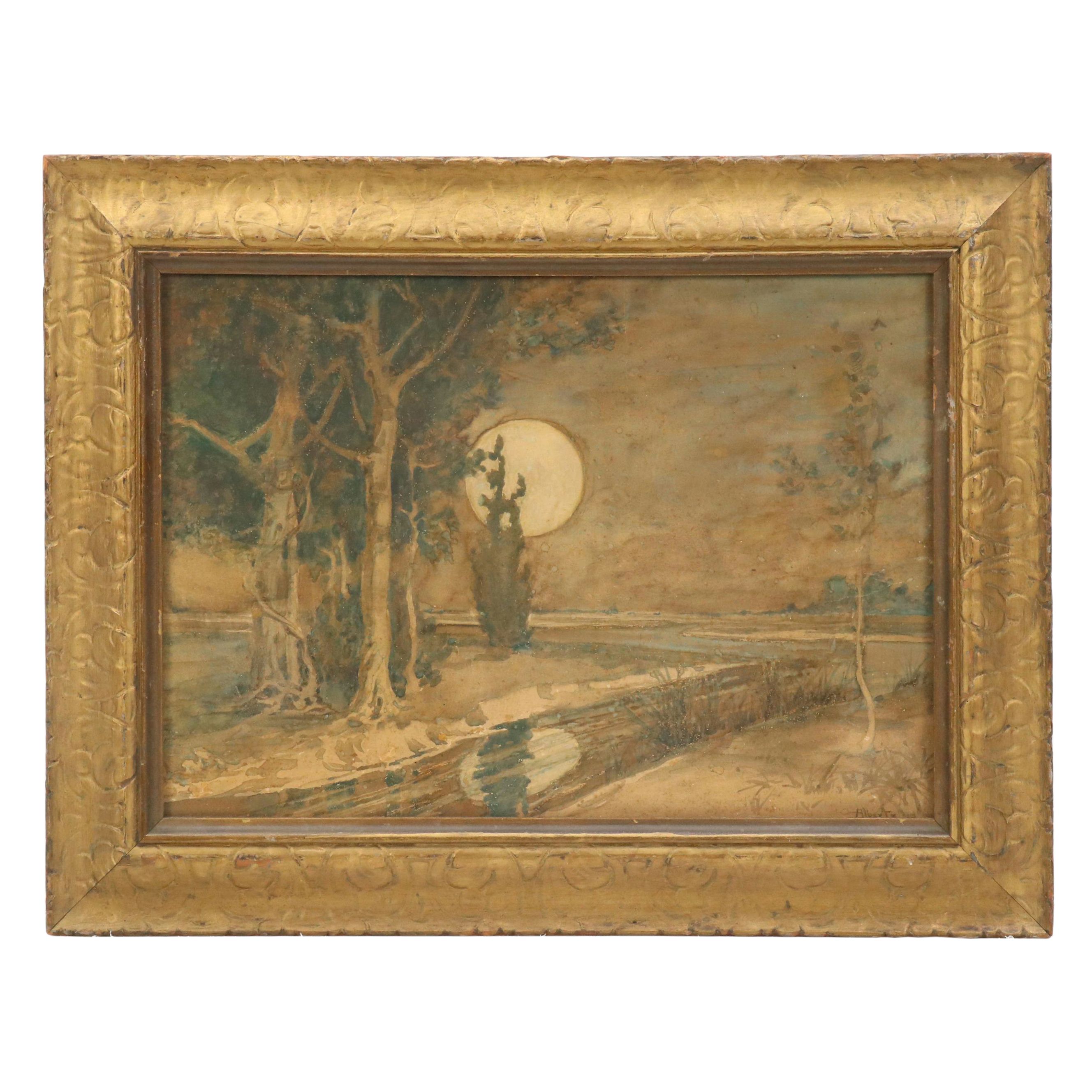 John Bernhard Alberts Nocturne Landscape Watercolor Painting