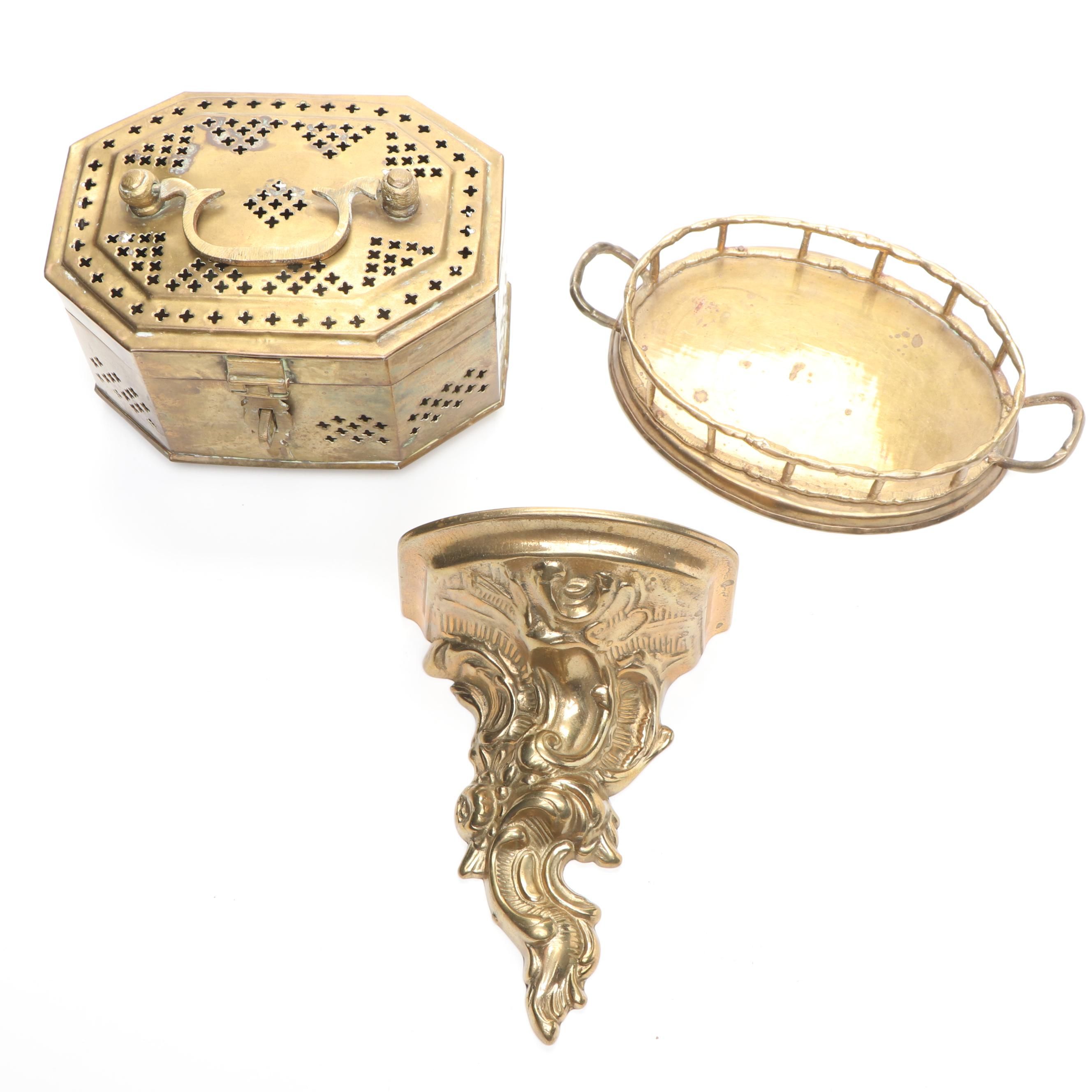 Brass Cricket Box, Repoussé Brass Shelf, and Brass Handled Tray