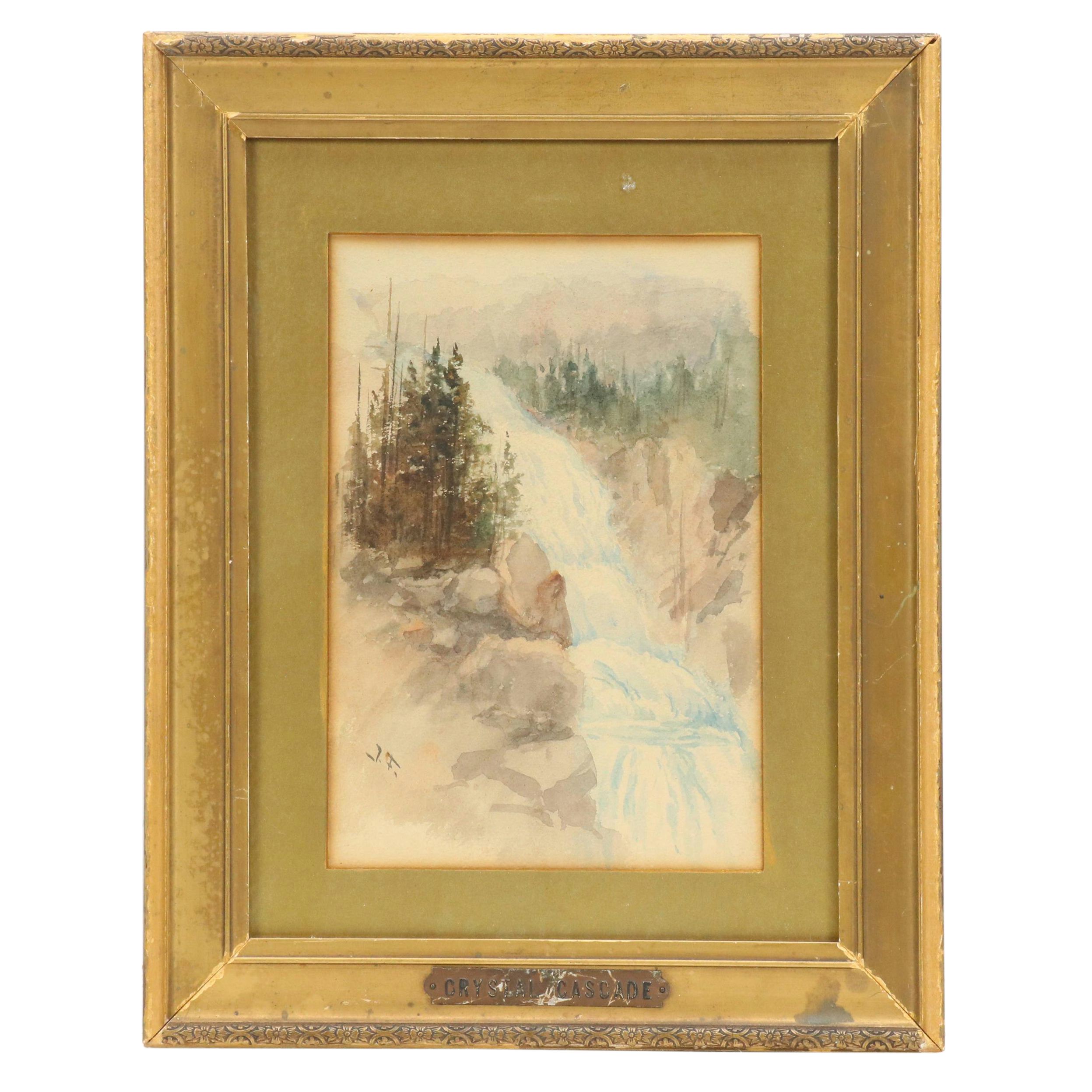 J. F. Wilderness Landscape Watercolor Painting "Crystal Cascade," Early 20th C.