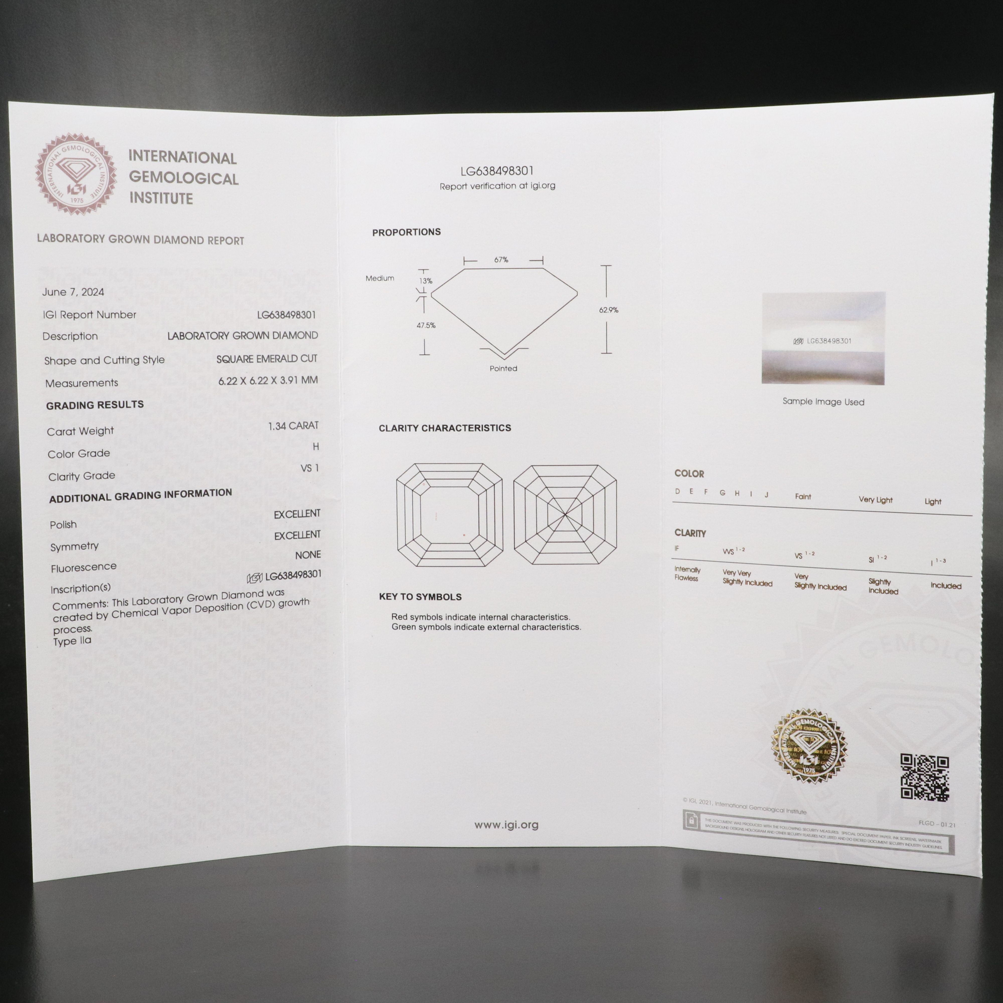Loose 1.34 CT Lab Grown Diamond with IGI Report