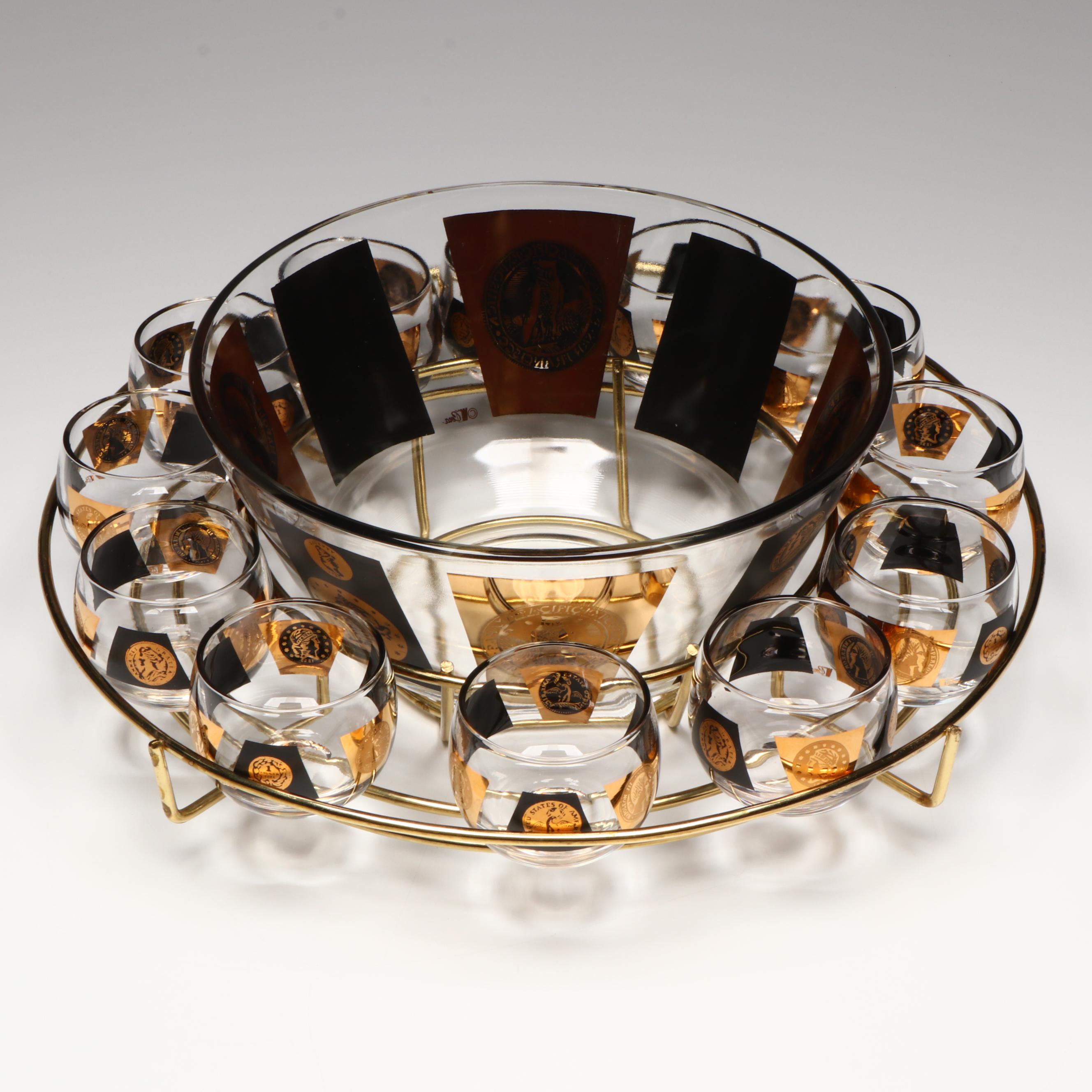 Cera Mid Century Modern Punch Bowl with Lowball Glasses in Rack
