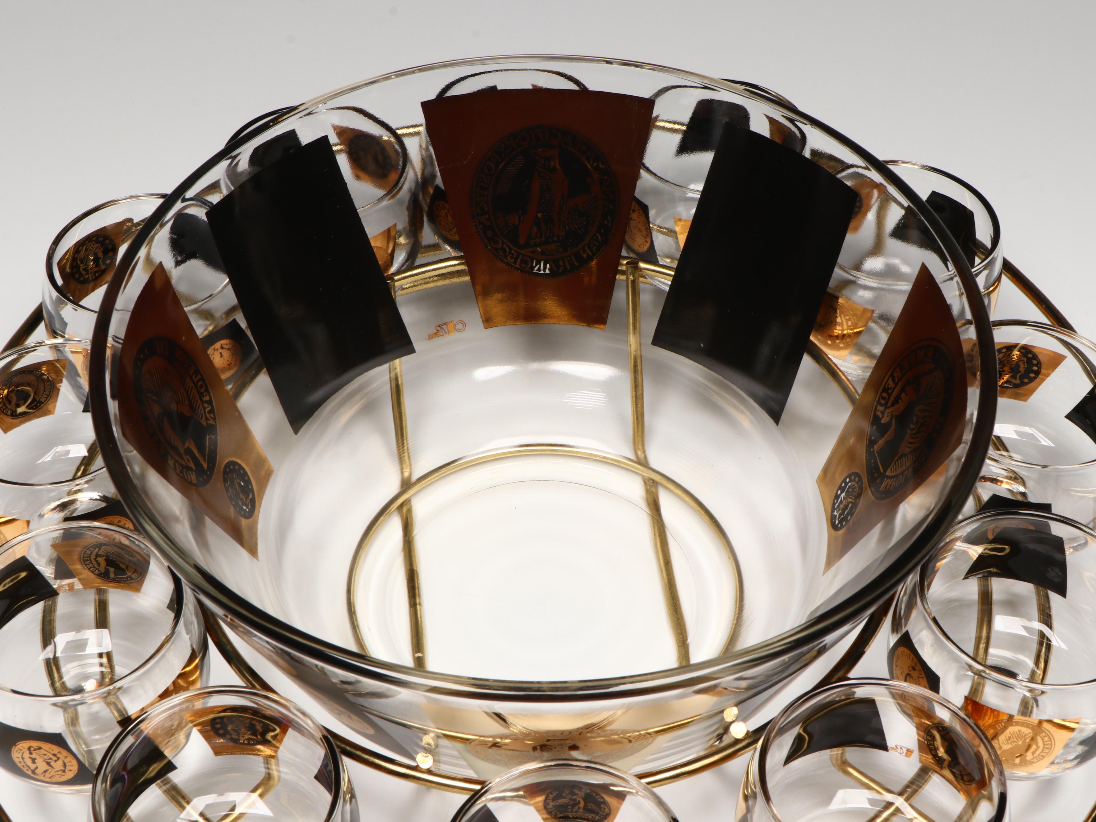 Cera Mid Century Modern Punch Bowl with Lowball Glasses in Rack