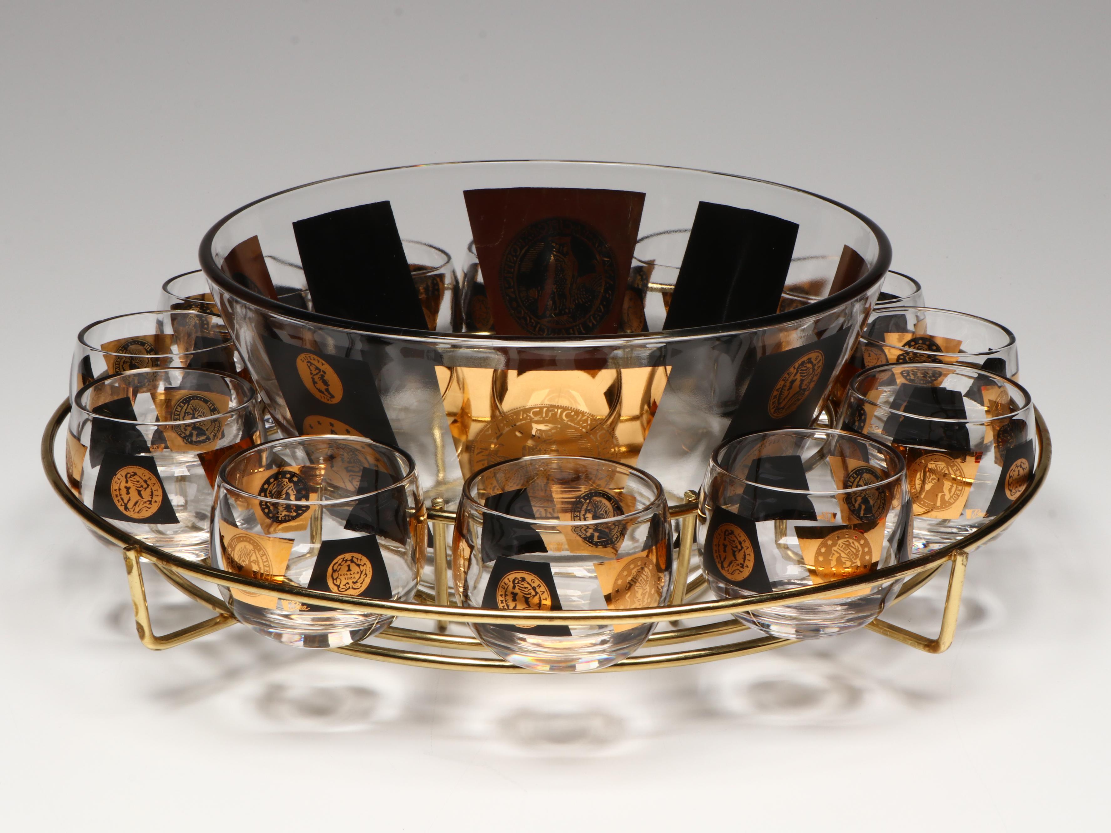 Cera Mid Century Modern Punch Bowl with Lowball Glasses in Rack