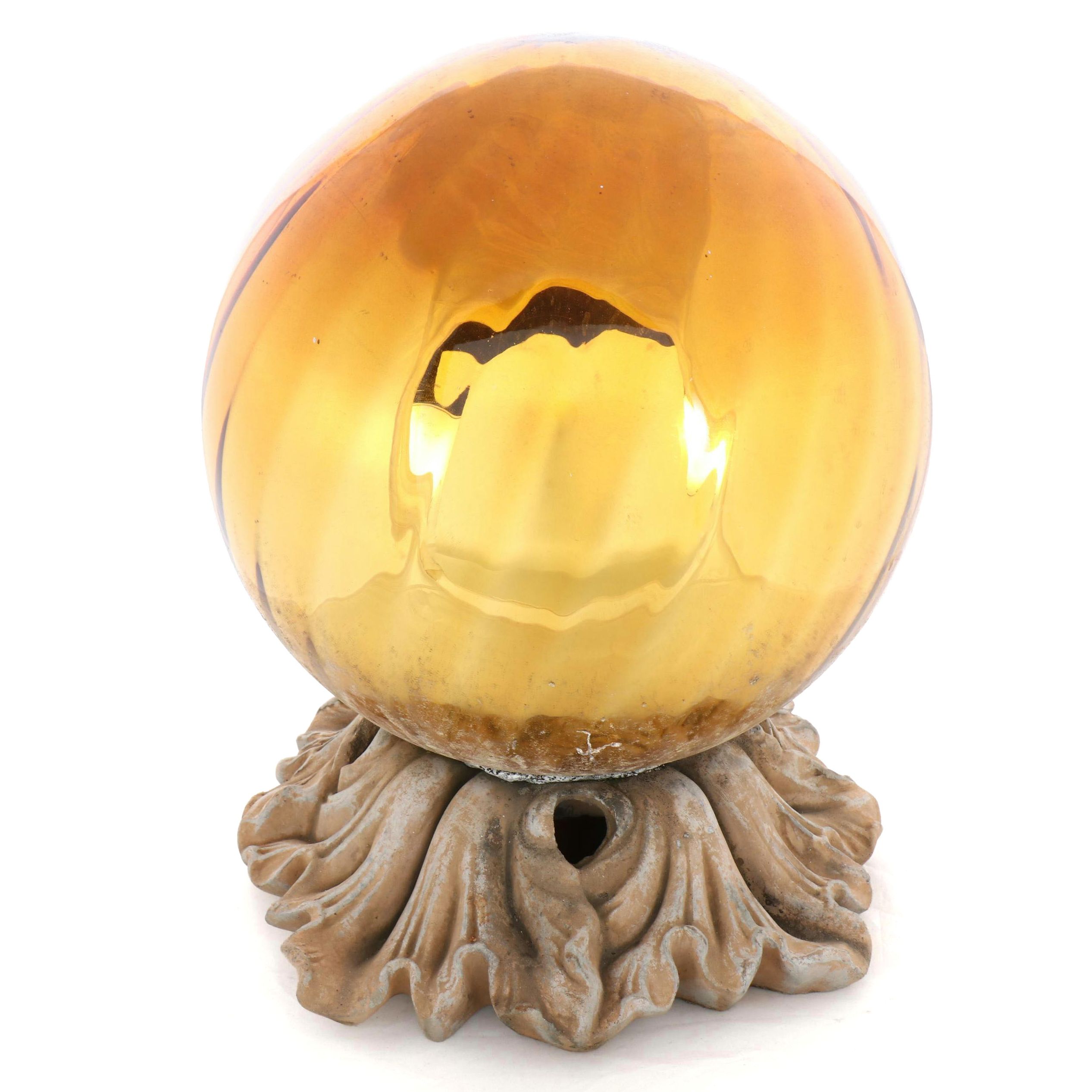 Garden Amber Glass Gazing Ball with Metal Acanthus Leaf Stand