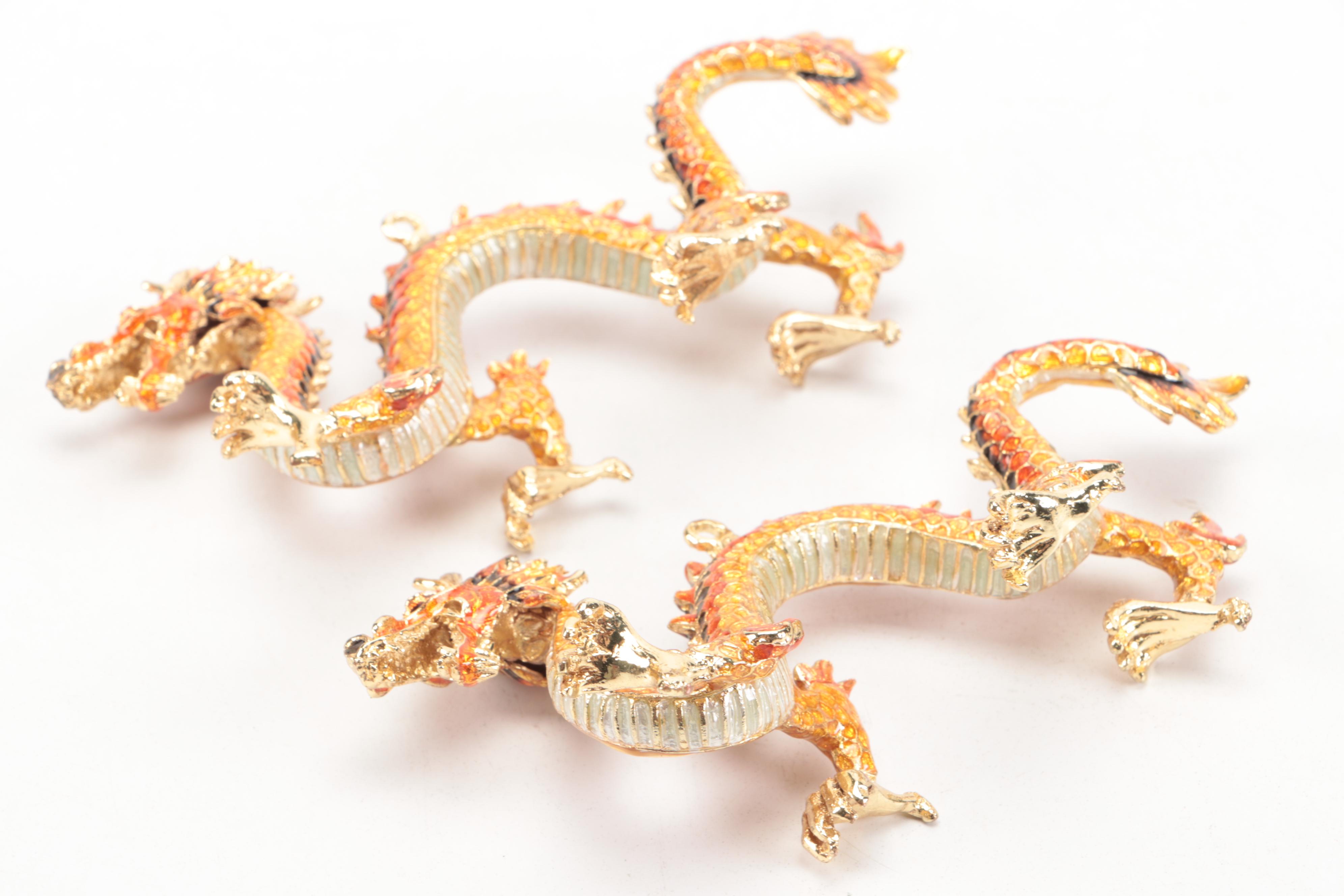 Pair of Chinese Chinese Enameled Metal Dragon Ornaments