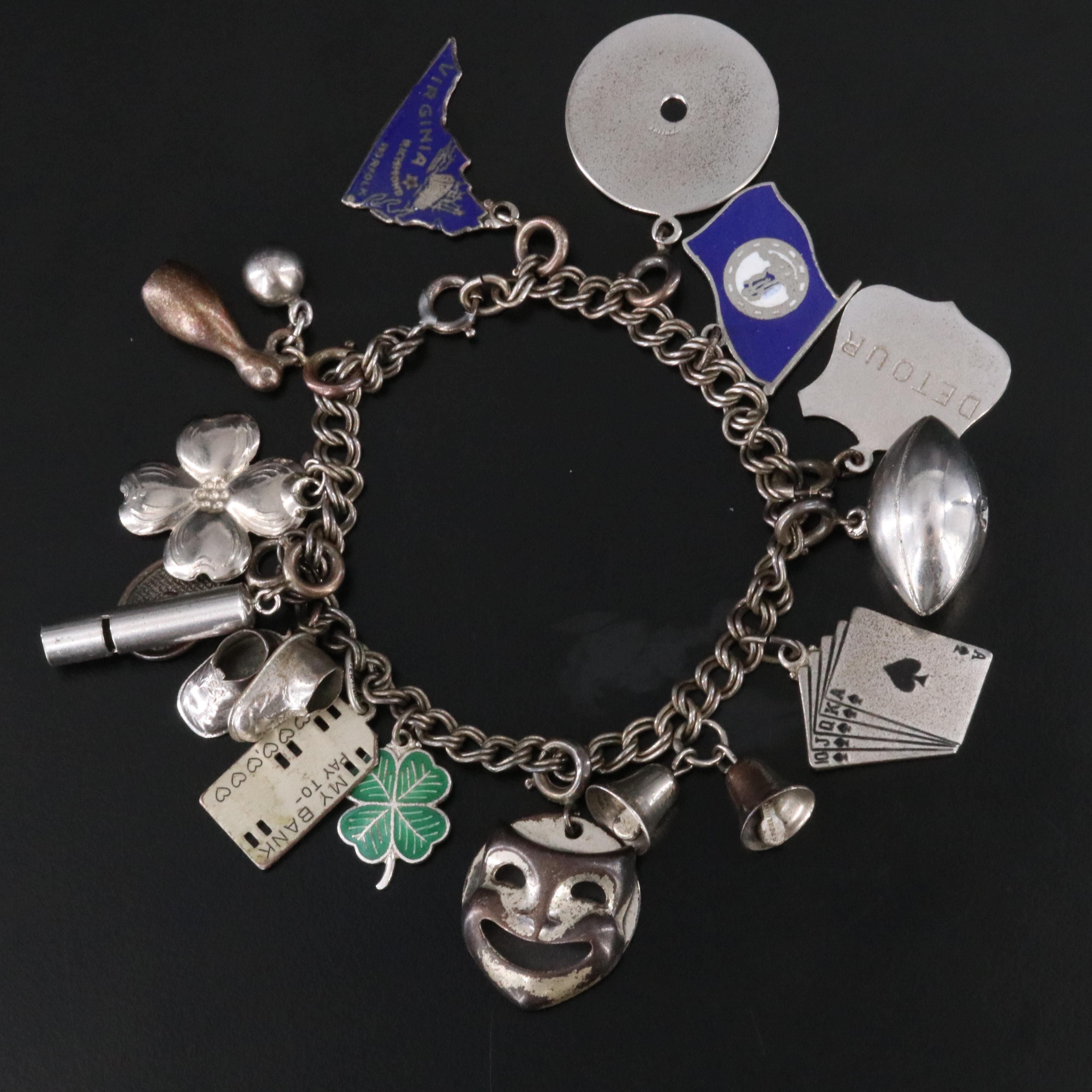 Vintage Sterling Bracelet with Charms and Enamel