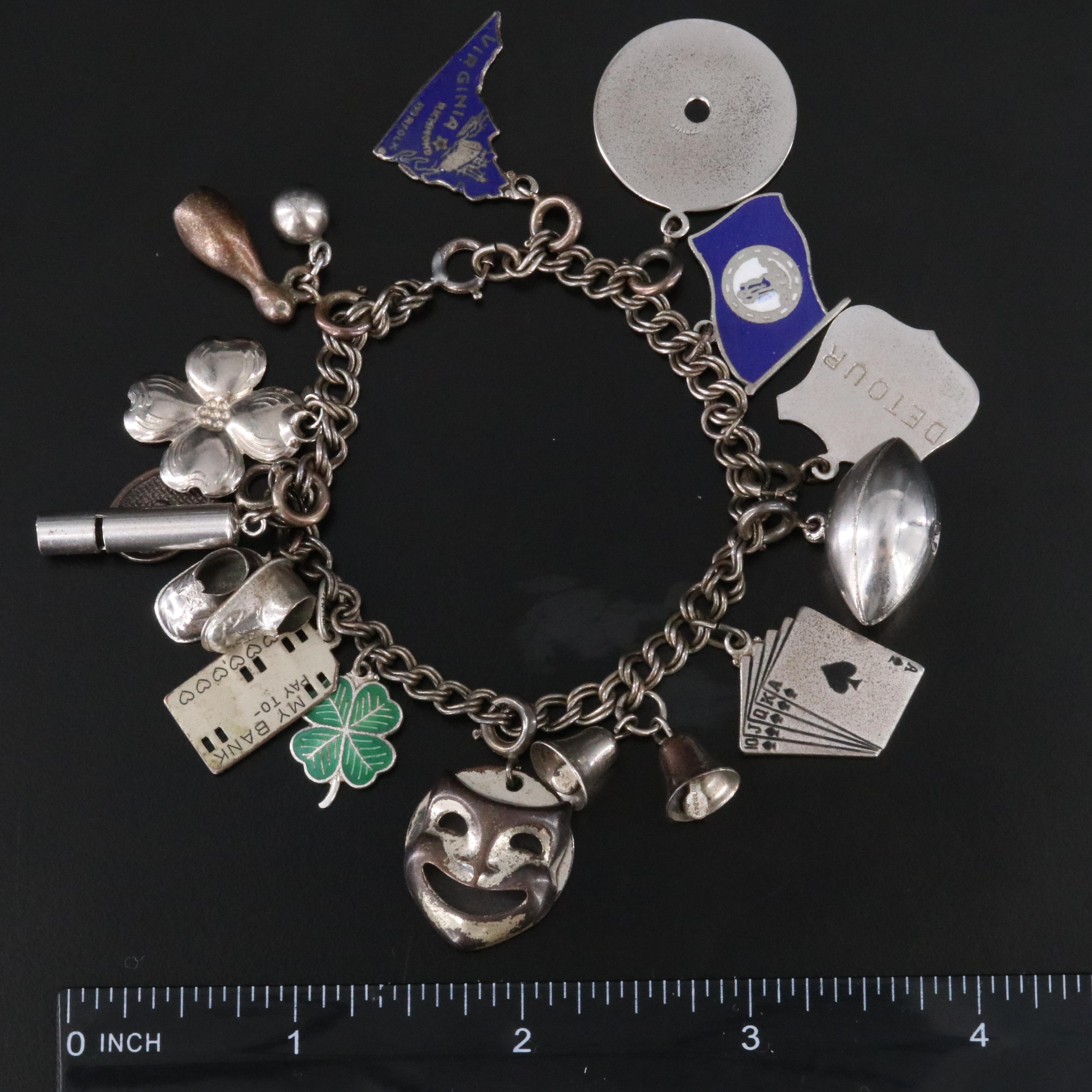 Vintage Sterling Bracelet with Charms and Enamel