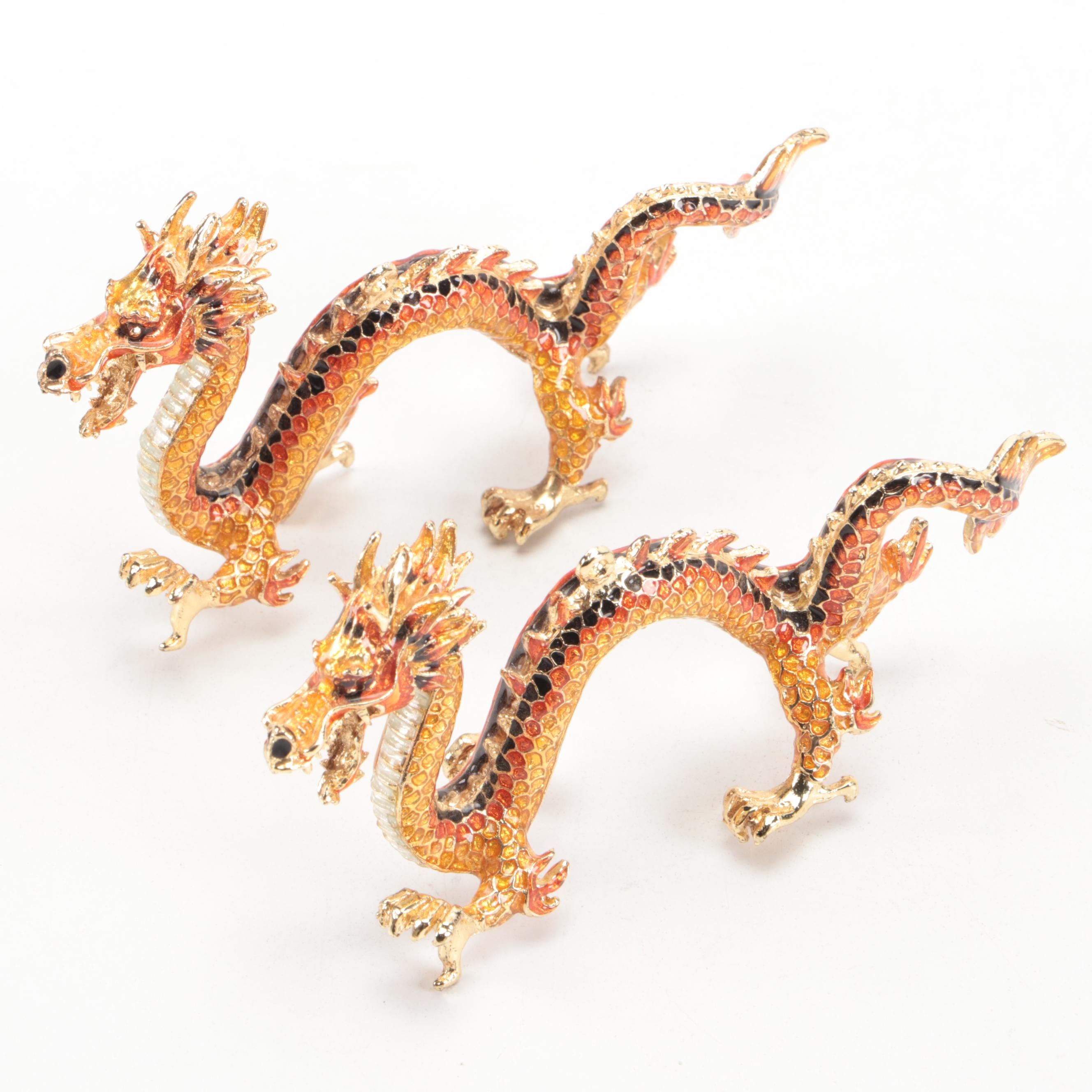 Pair of Chinese Chinese Enameled Metal Dragon Ornaments