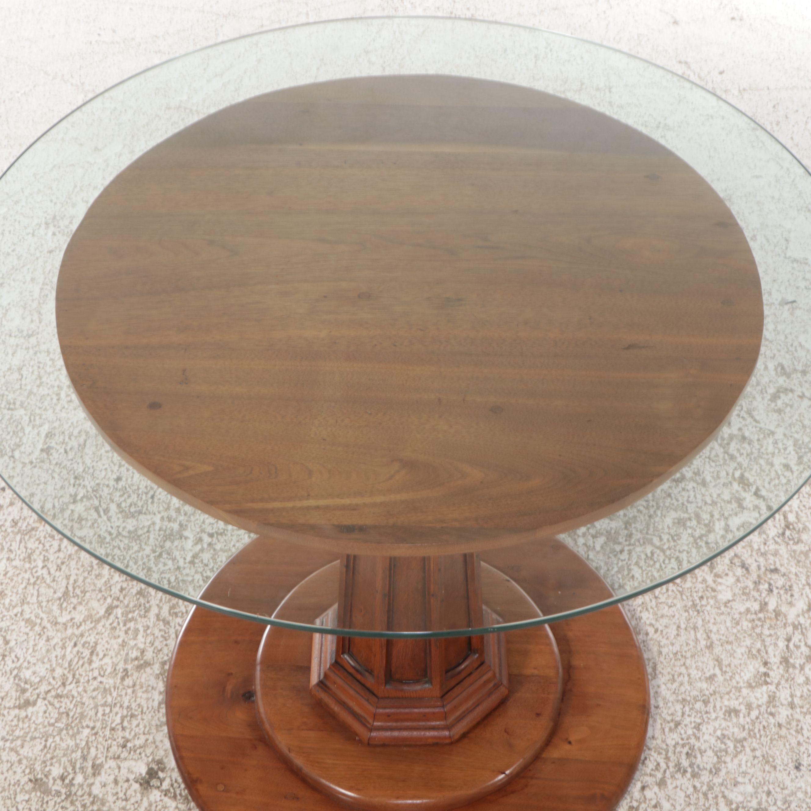 Walnut Pedestal Table with Glass Top