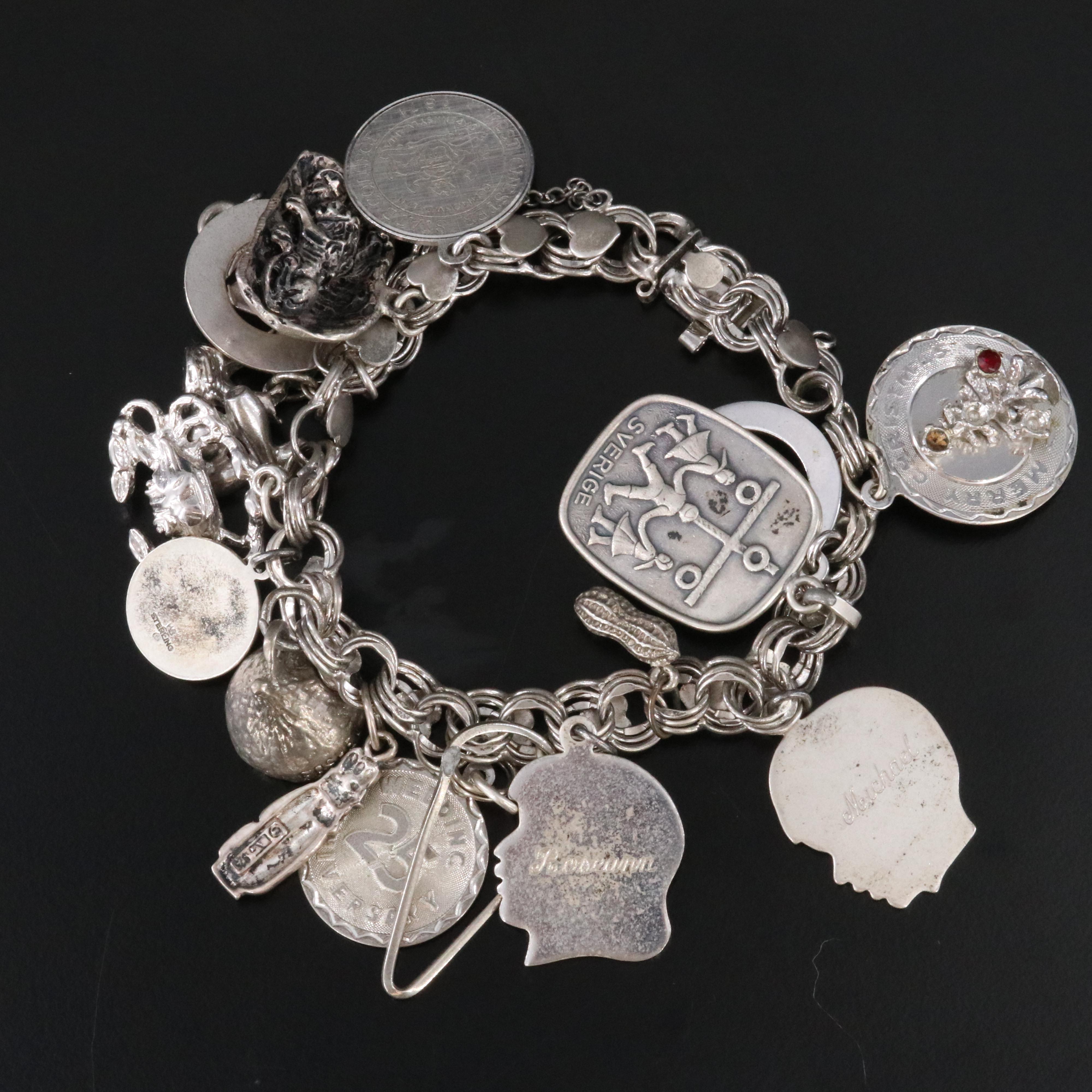 Vintage Sterling Bracelet with Charms Including Rhinestone