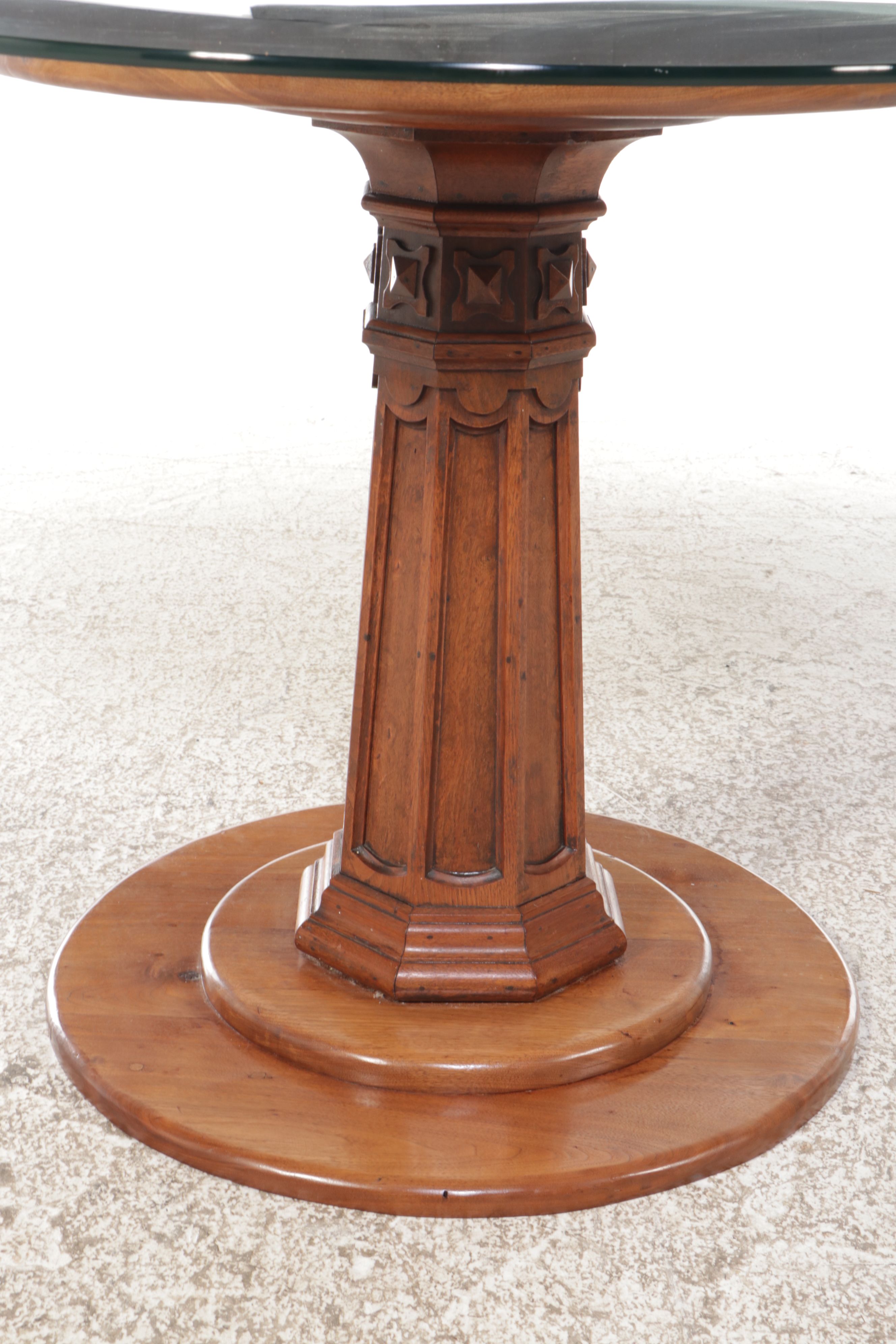 Walnut Pedestal Table with Glass Top