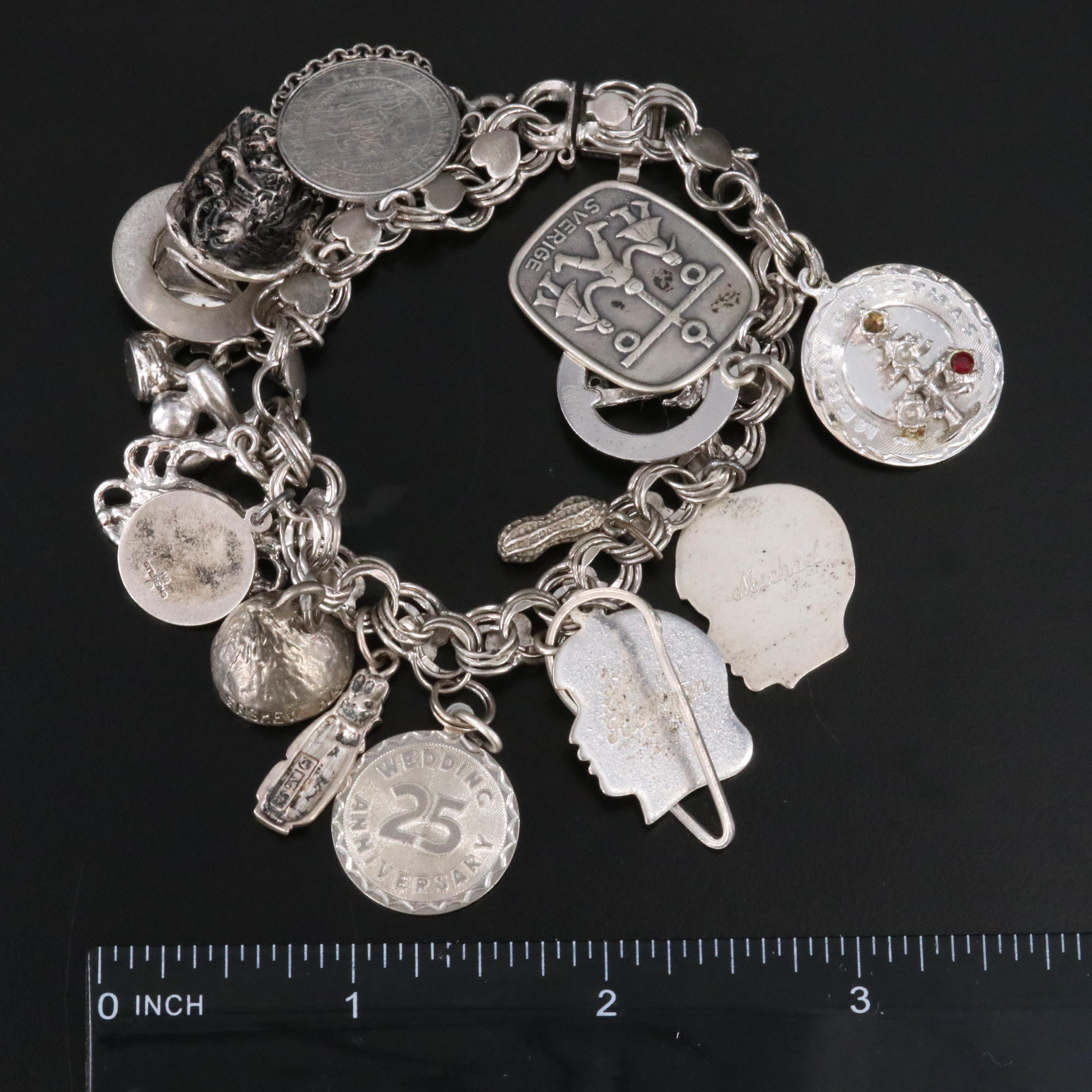 Vintage Sterling Bracelet with Charms Including Rhinestone
