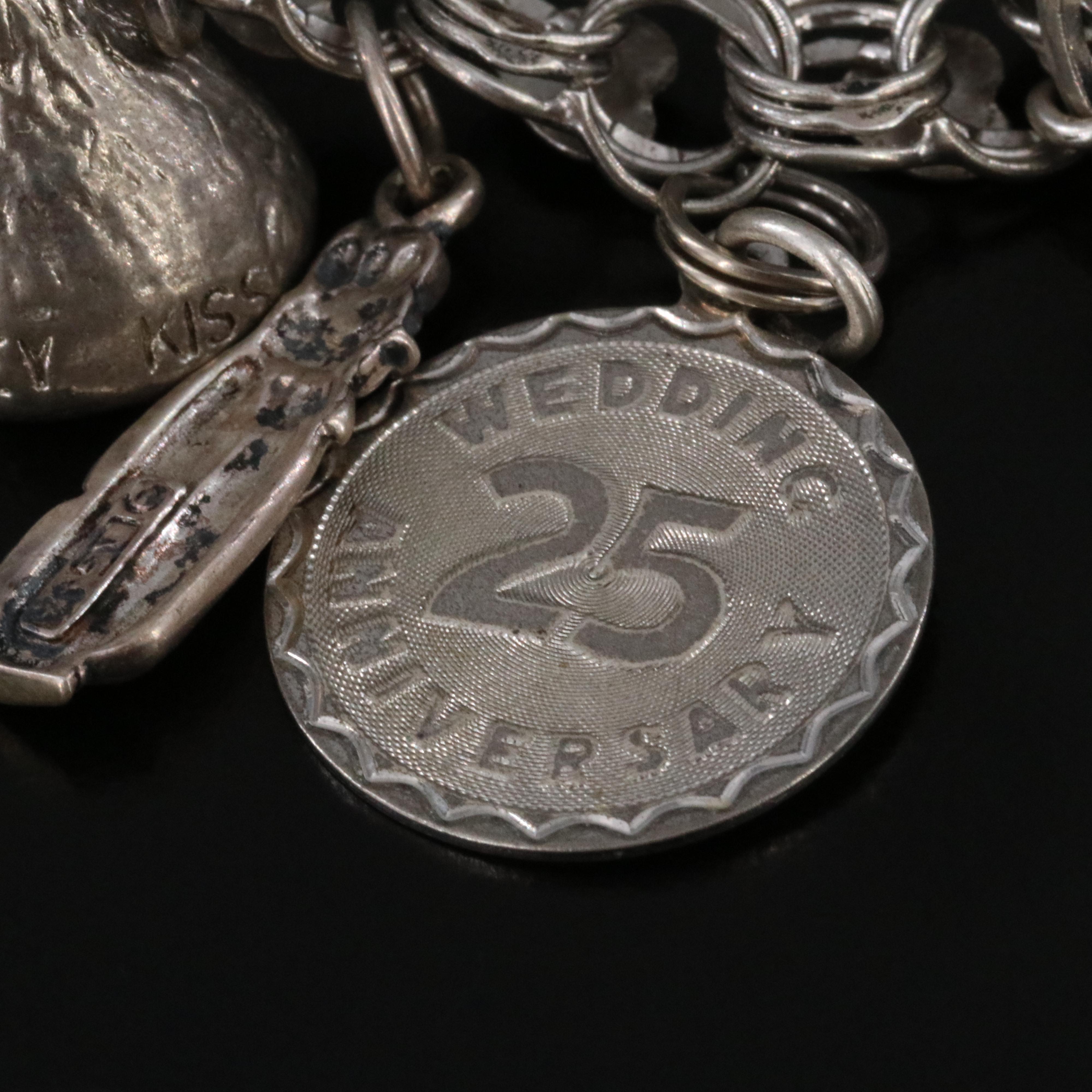 Vintage Sterling Bracelet with Charms Including Rhinestone