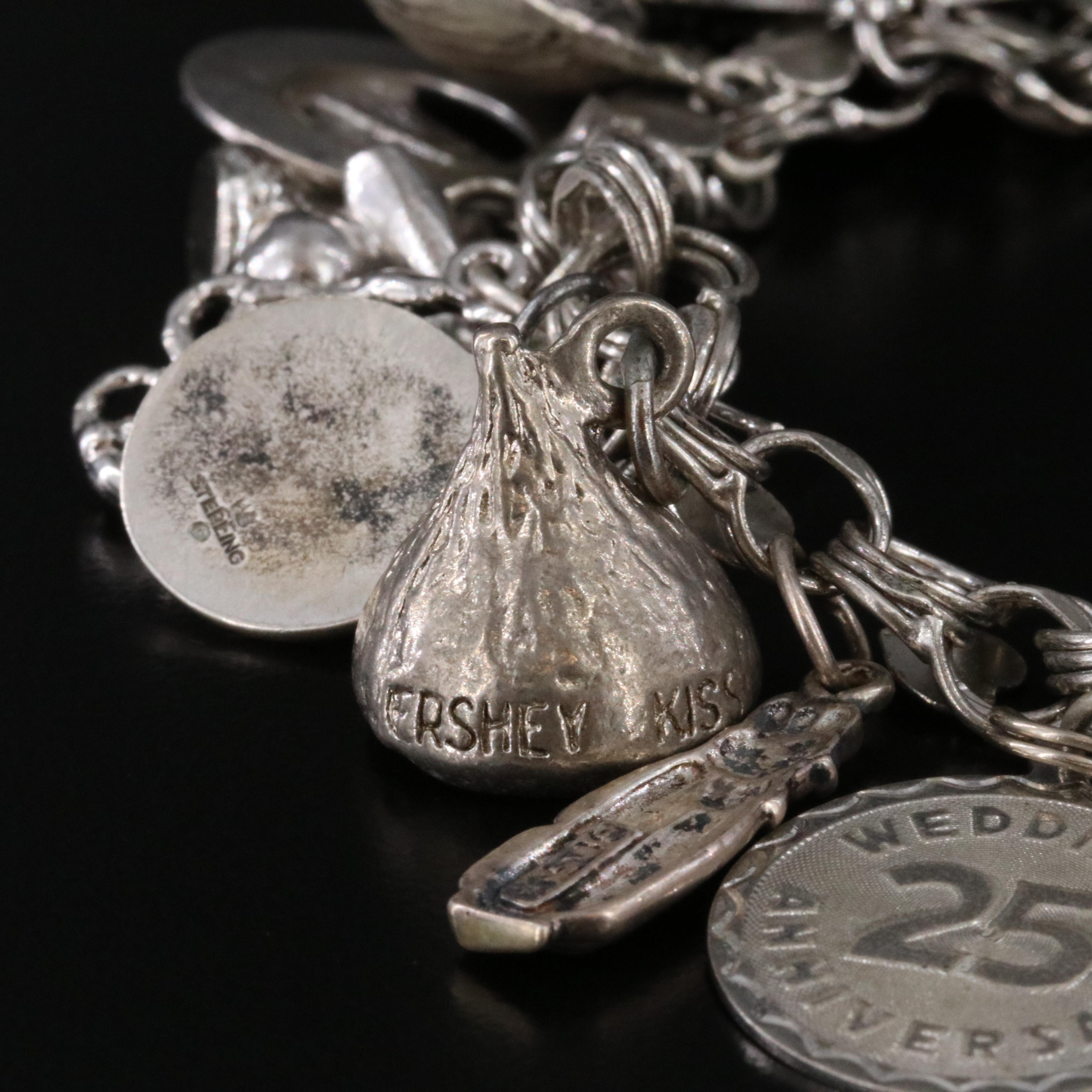 Vintage Sterling Bracelet with Charms Including Rhinestone