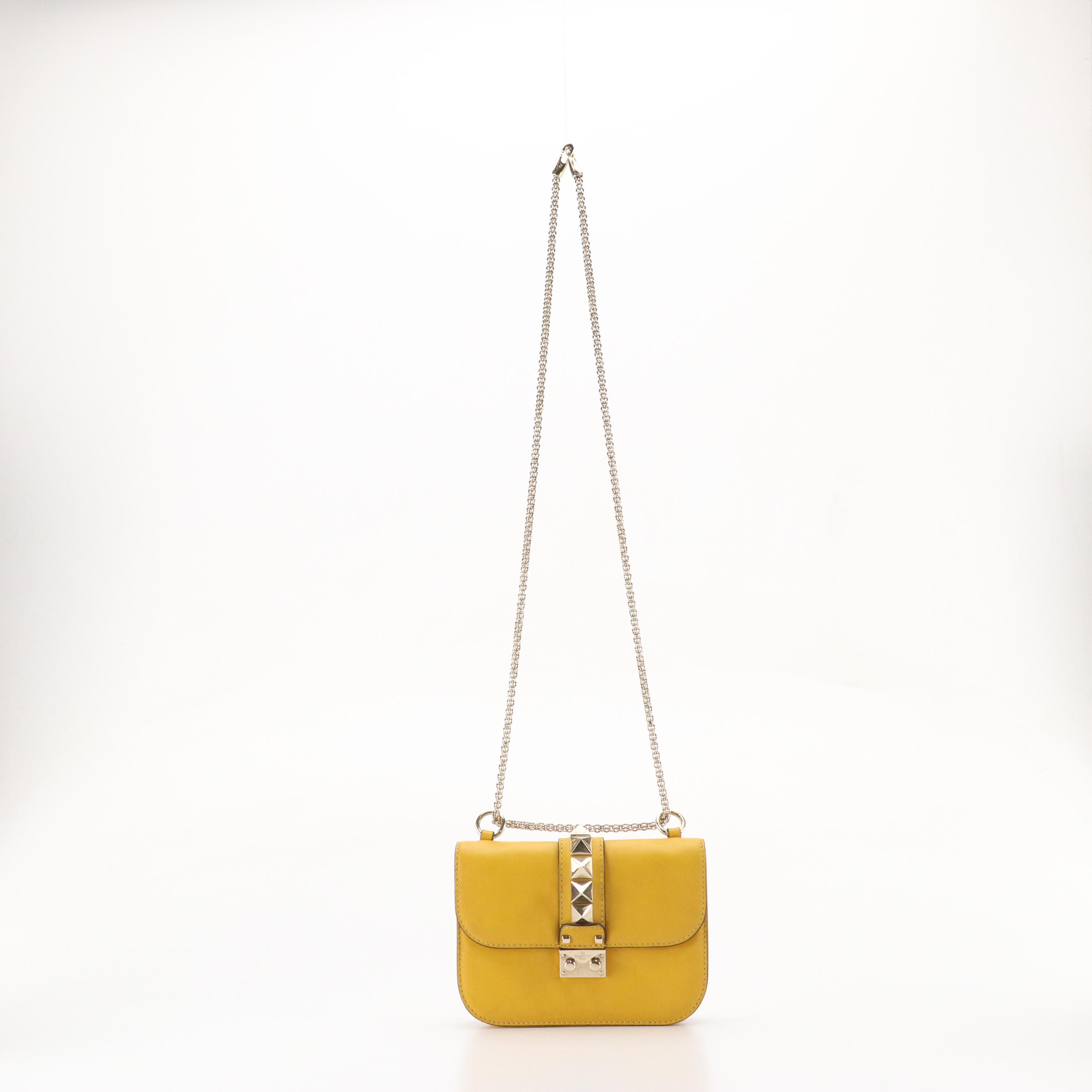 Valentino Garavani Rock Stud Flap Chain Bag in Mustard Yellow Calfskin Leather
