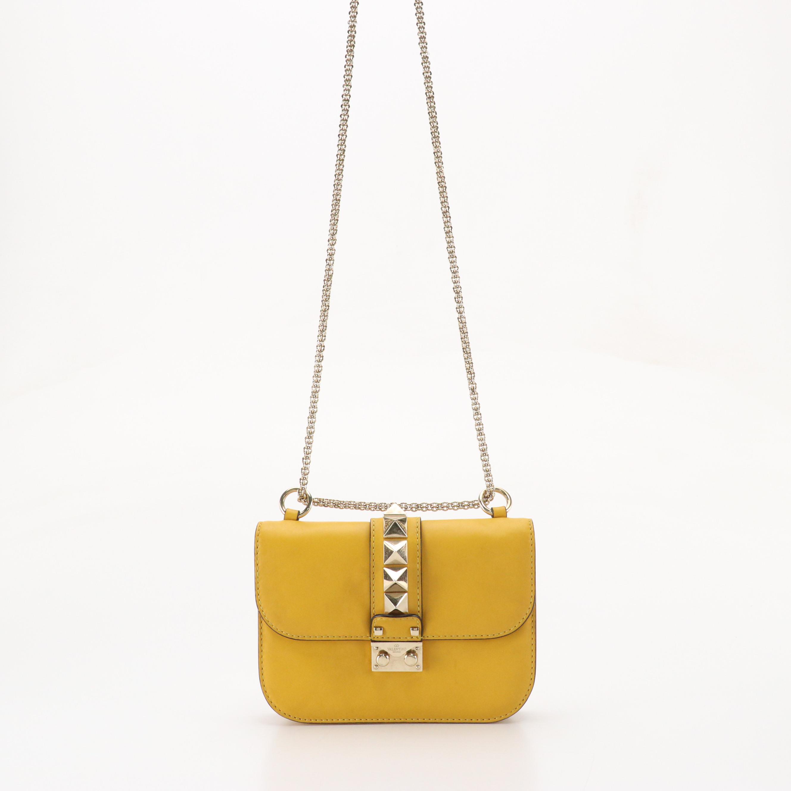 Valentino Garavani Rock Stud Flap Chain Bag in Mustard Yellow Calfskin Leather